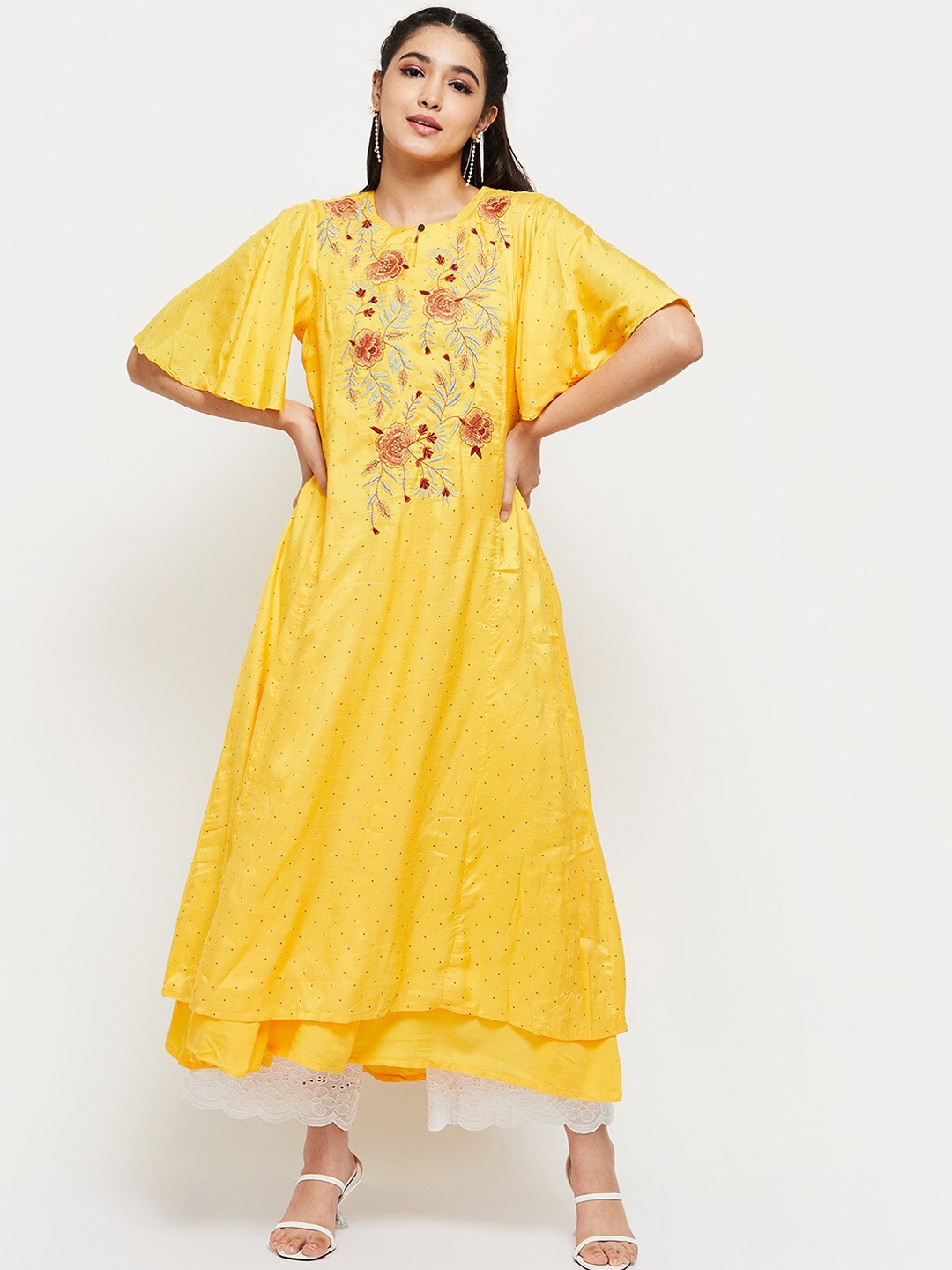 

max Women Mustard Yellow Floral Embroidered Pure Cotton Thread Work Anarkali Kurta
