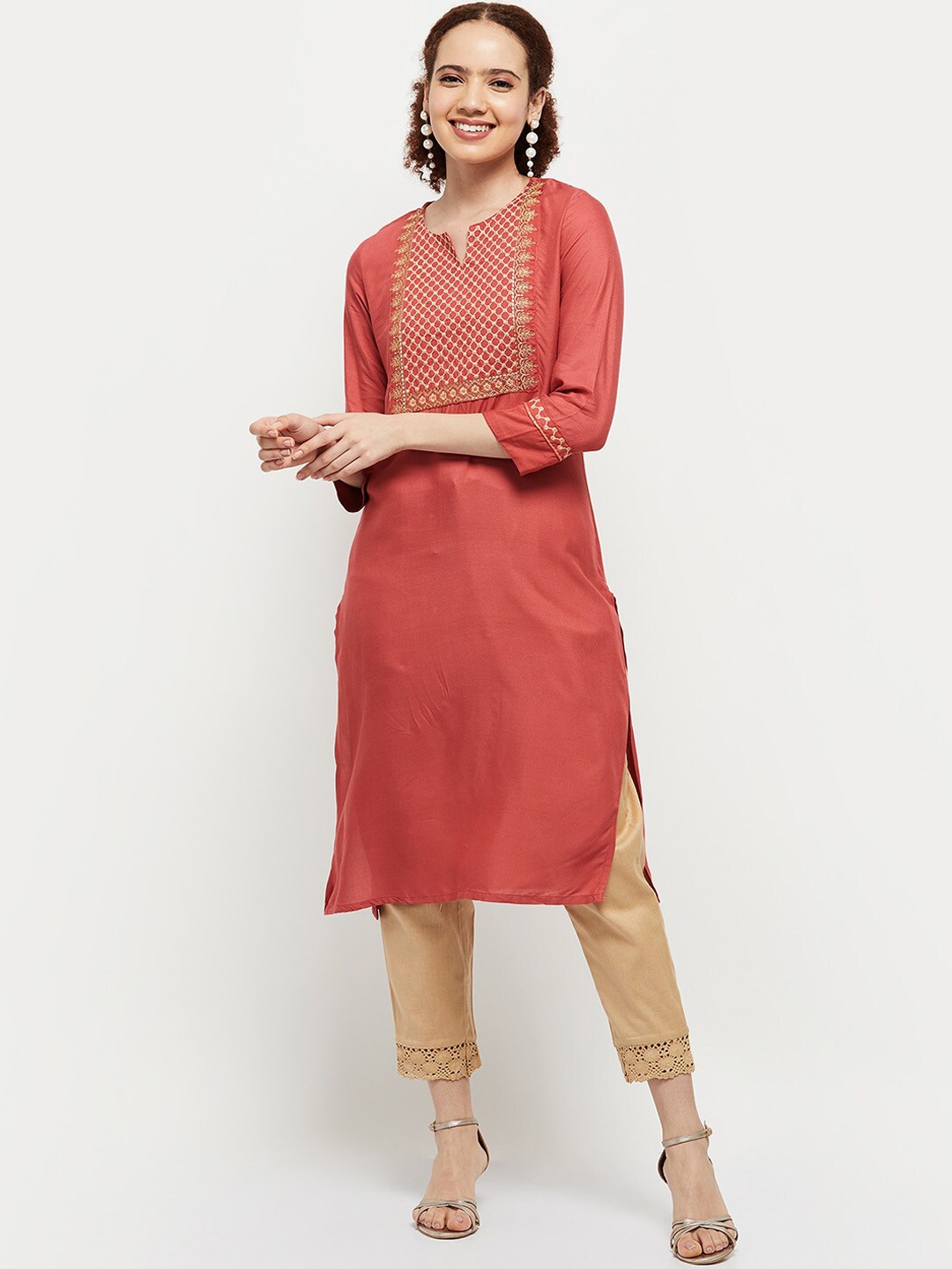 

max Women Pink Ethnic Motifs Yoke Design Kurta