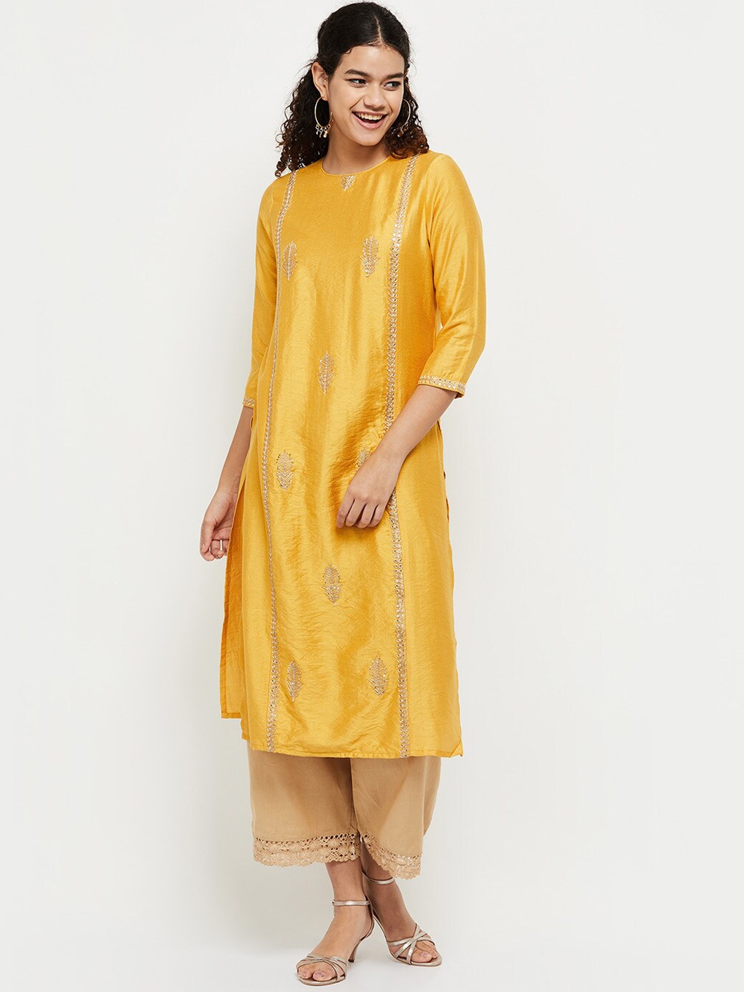 

max Women Yellow Ethnic Motifs Embroidered Kurta