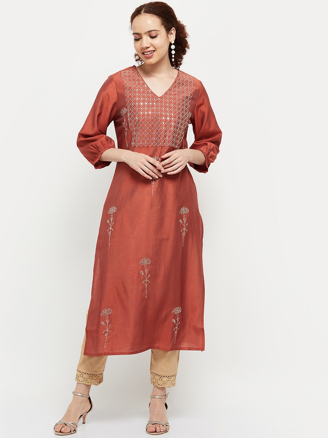

max Women Rust Ethnic Motifs Embroidered Kurta