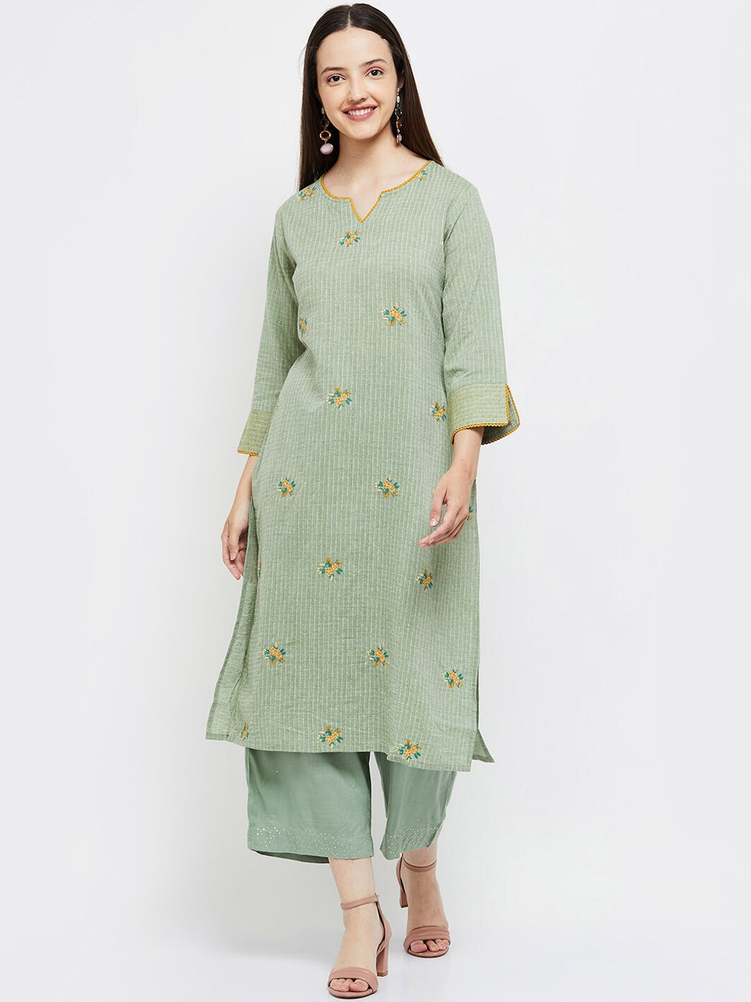 

max Women Olive Green Geometric Embroidered Flared Sleeves Kurta