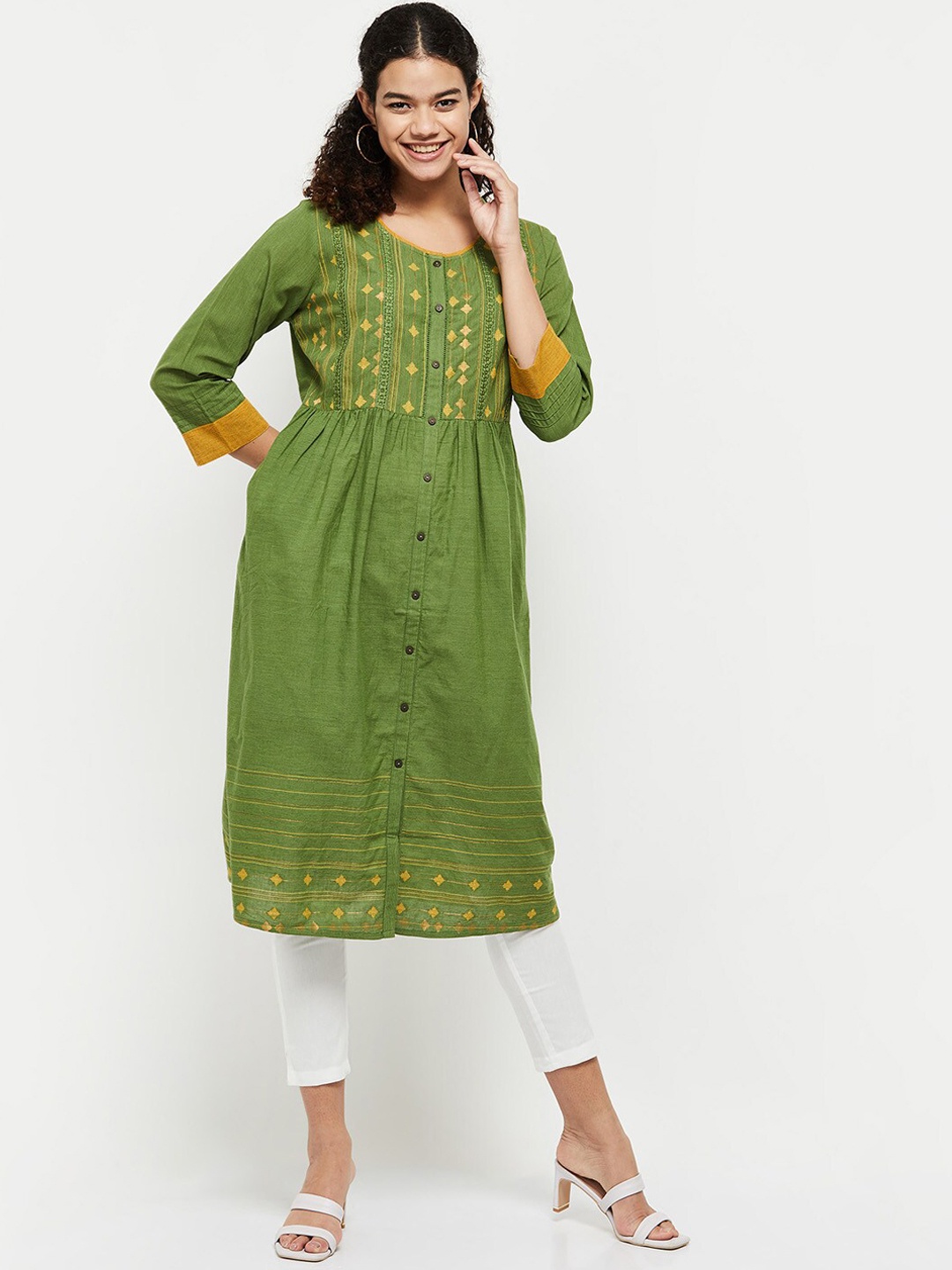 

max Women Olive Green Geometric Kurta