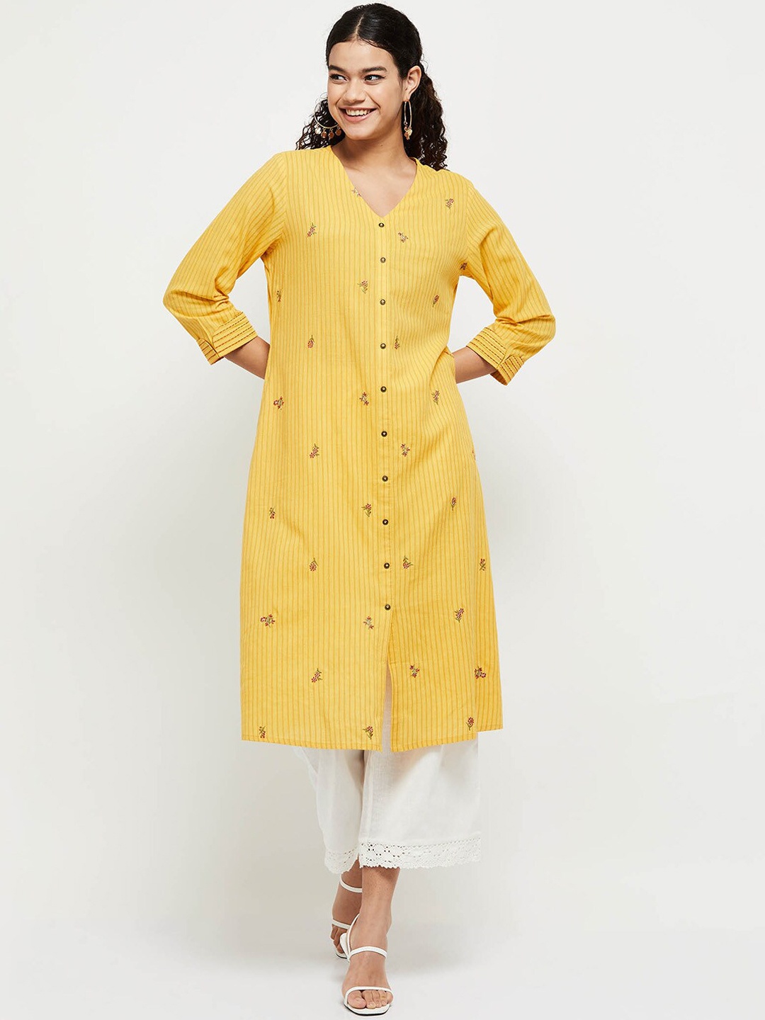 

max Women Mustard Yellow Floral Embroidered Kurta