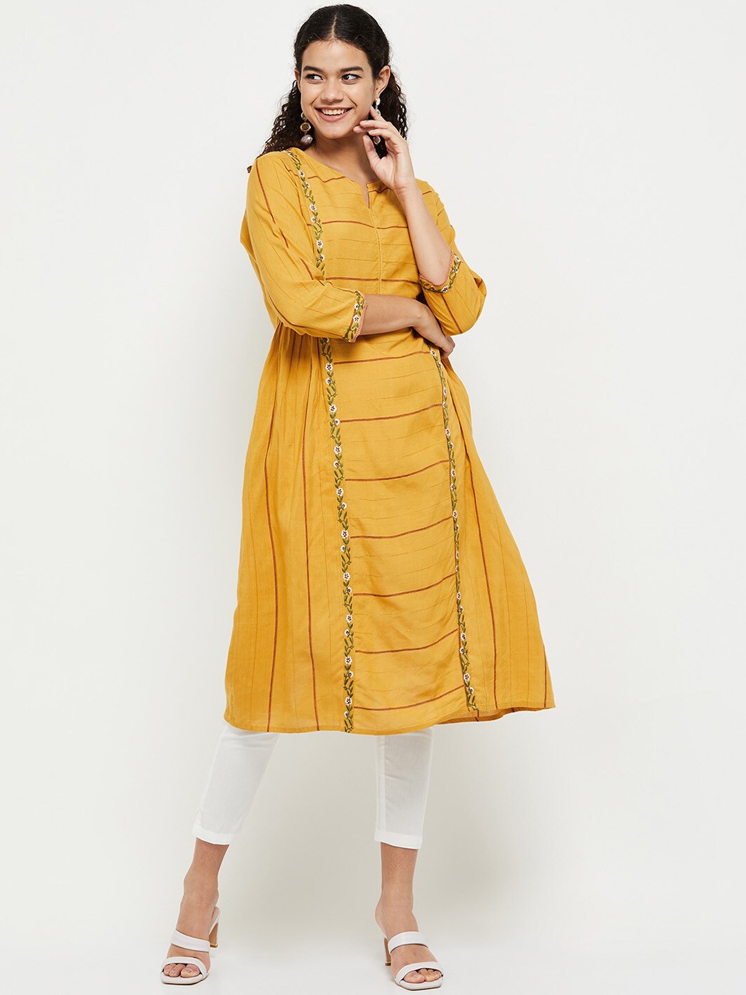 

Max Women Mustard Yellow Embroidered Striped Kurta