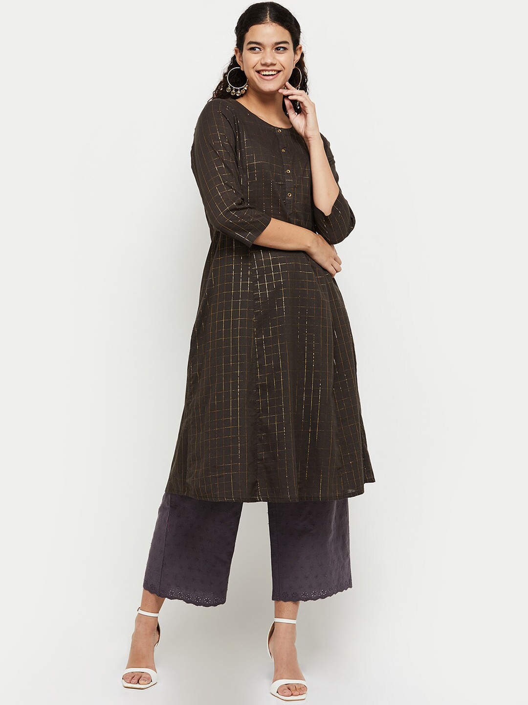 

max Women Grey & Gold Checked Cotton Kurta