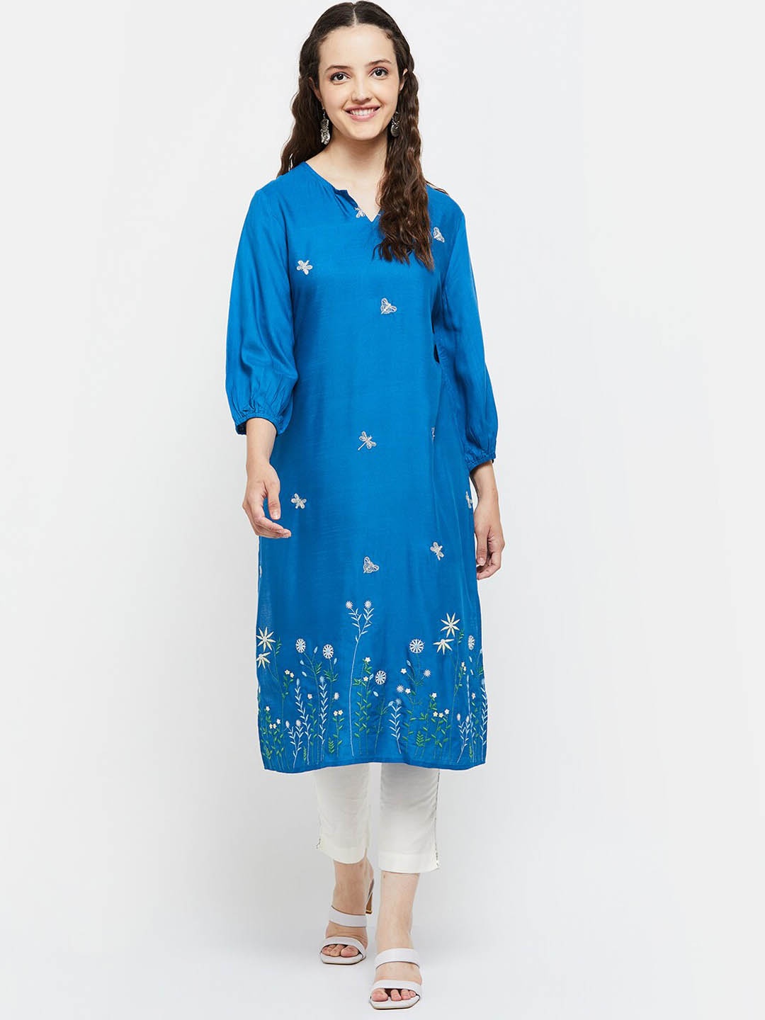 

max Women Blue Ethnic Motifs Embroidered Keyhole Neck Thread Work Kurta