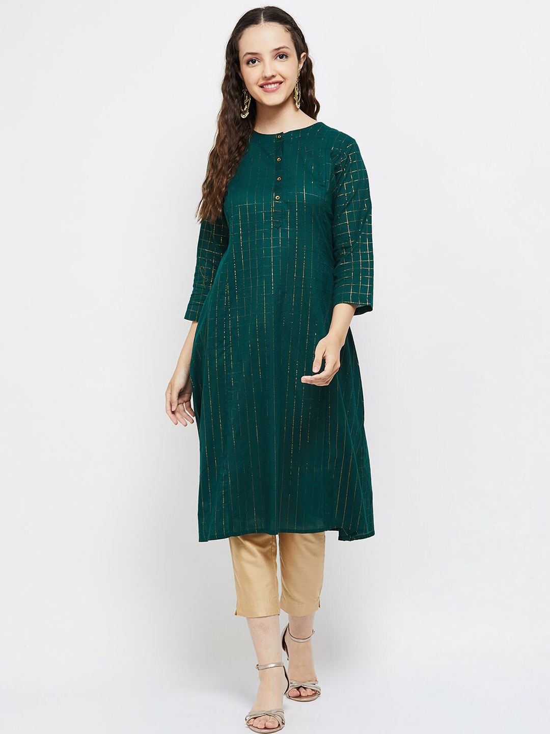 

max Women Green Checked Cotton Kurta