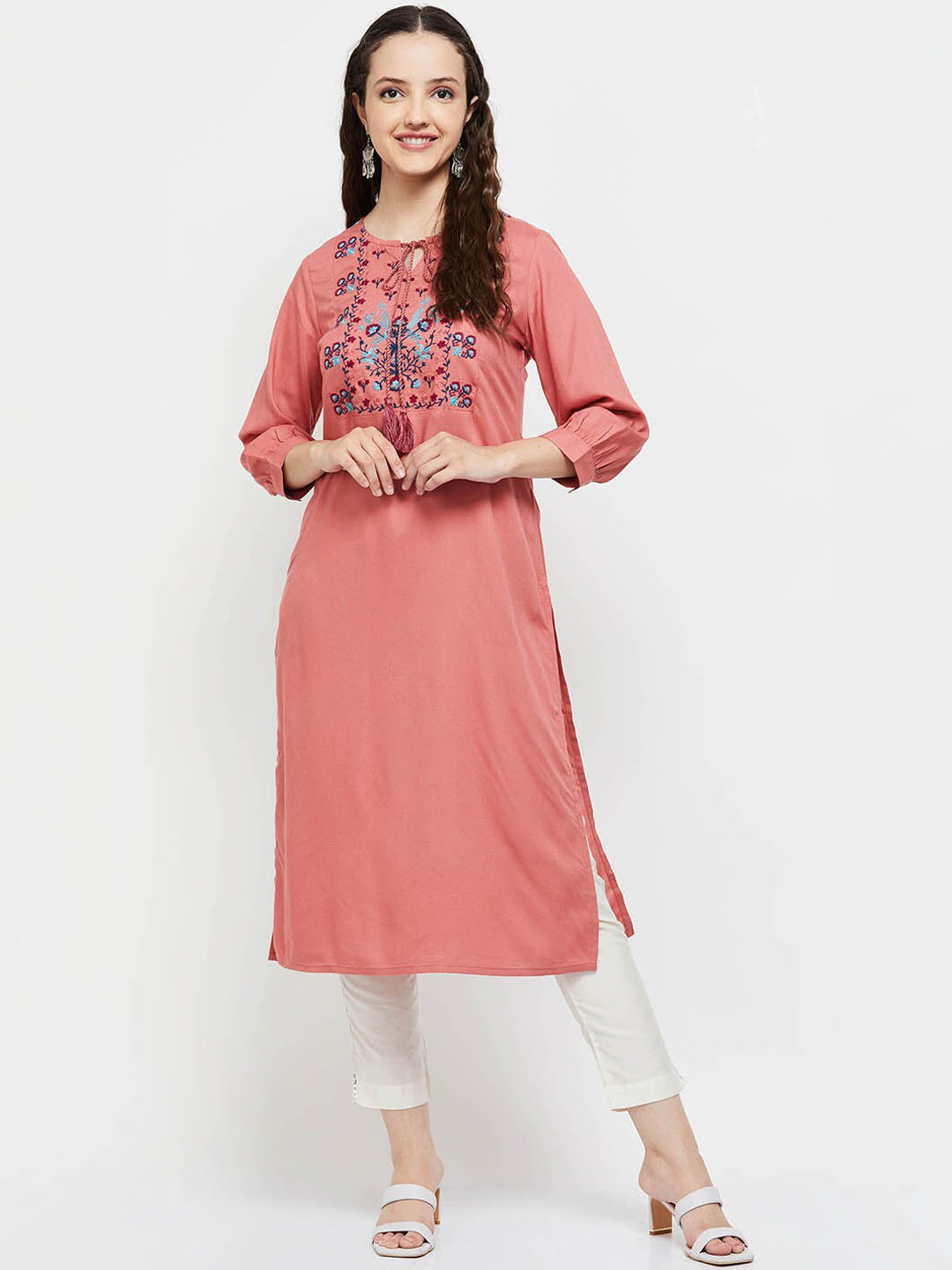 

max Women Peach-Coloured Floral Yoke Design Thread Work Kurta