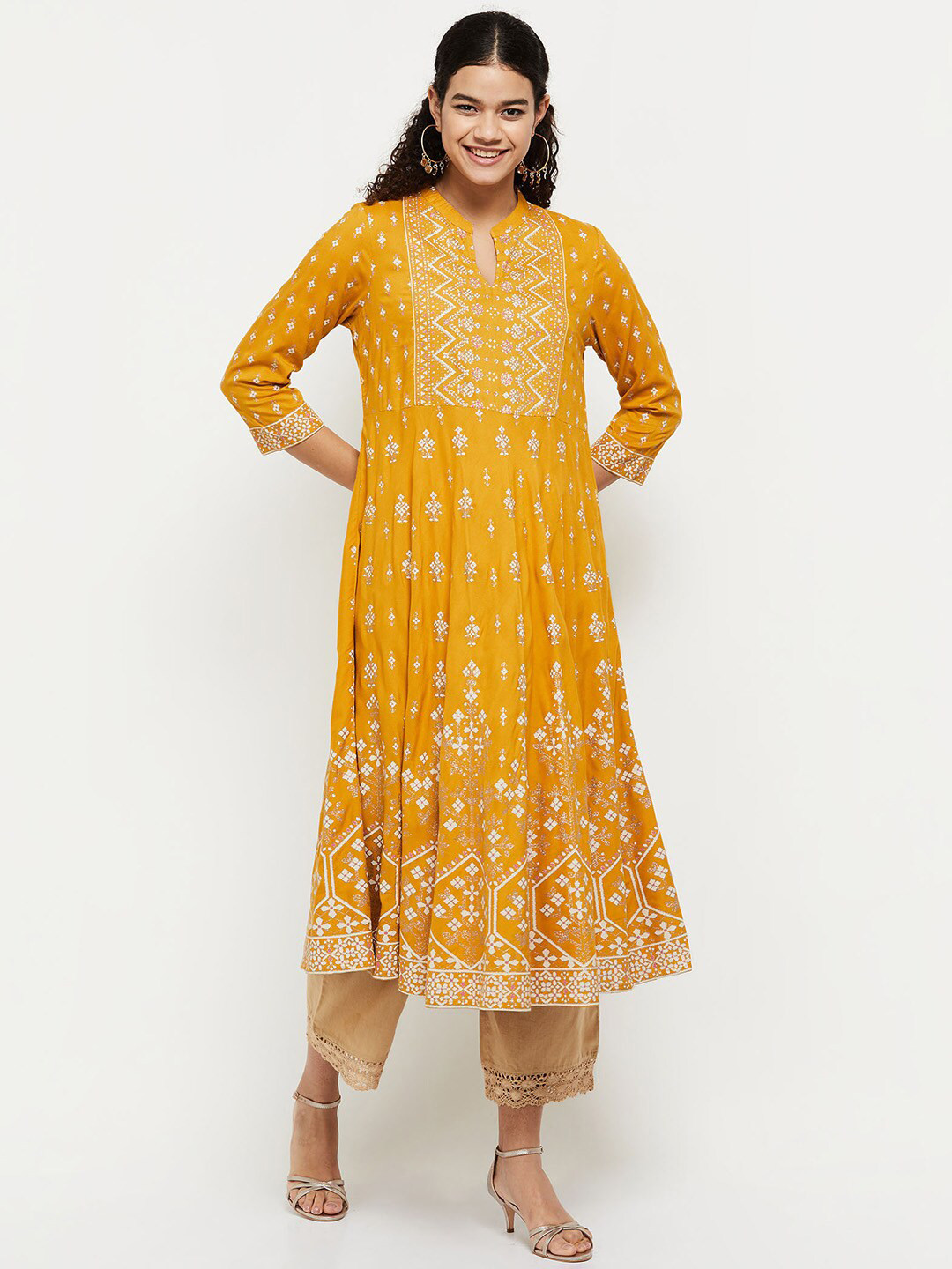 

max Women Mustard Yellow Ethnic Motifs Printed Anarkali Kurta