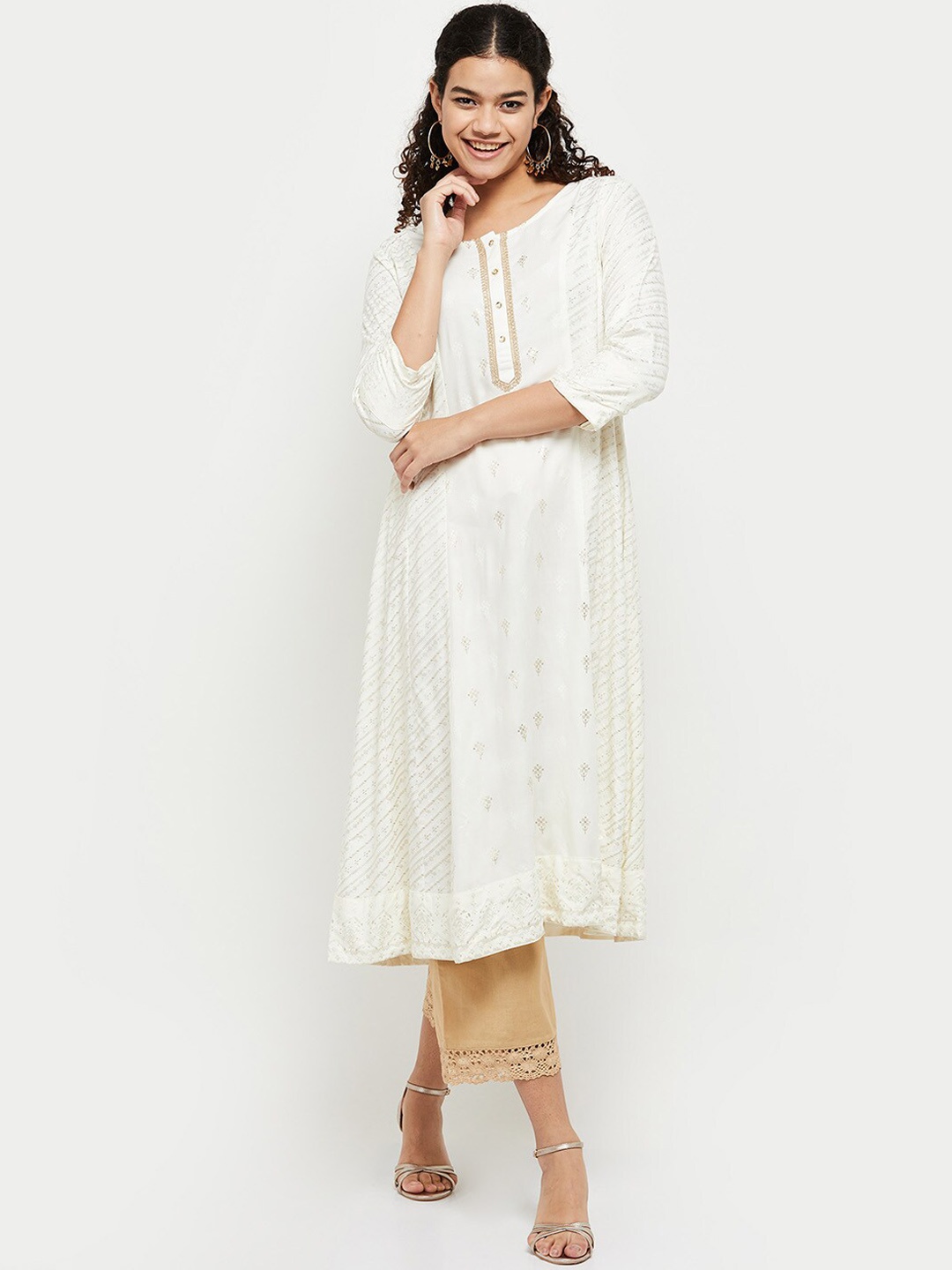 

max Women Off White And Gold Ethnic Motifs Print Panelled A Line Kurta