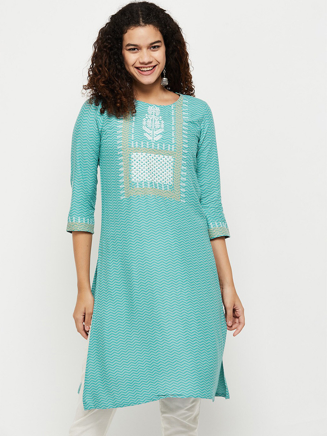 

max Women Blue Printed Viscose Rayon Straight Kurta