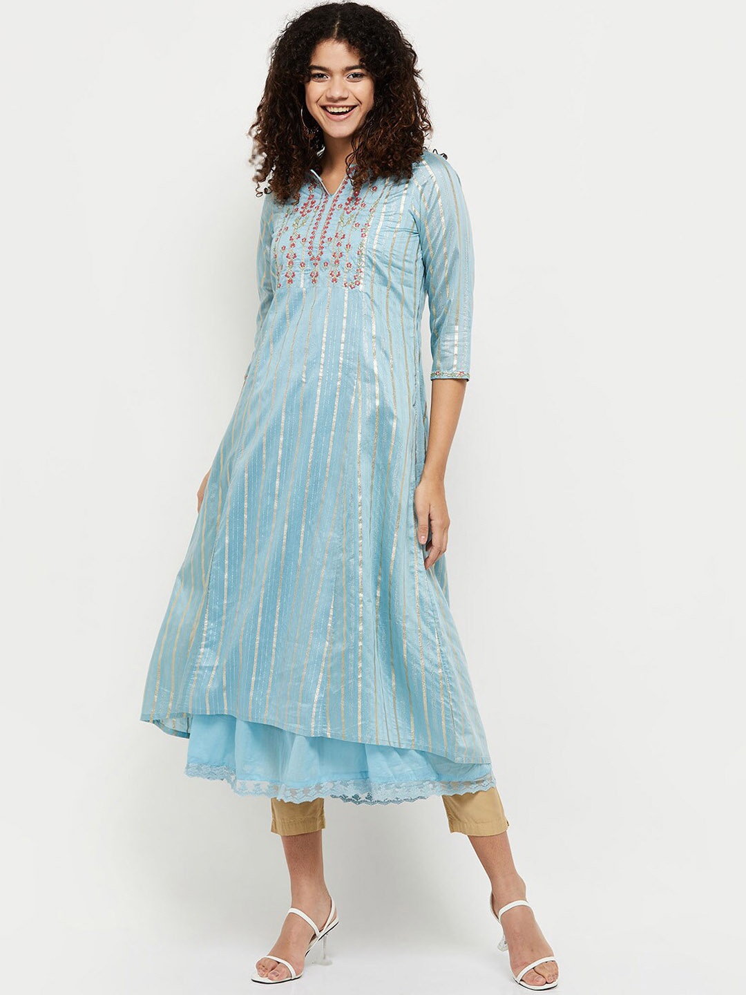 

max Women Blue Floral Yoke Design Gotta Patti Layered Kurta, Teal