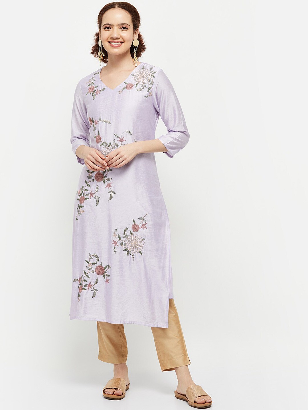 

max Women Purple Floral Embroidered Thread Work Kurta
