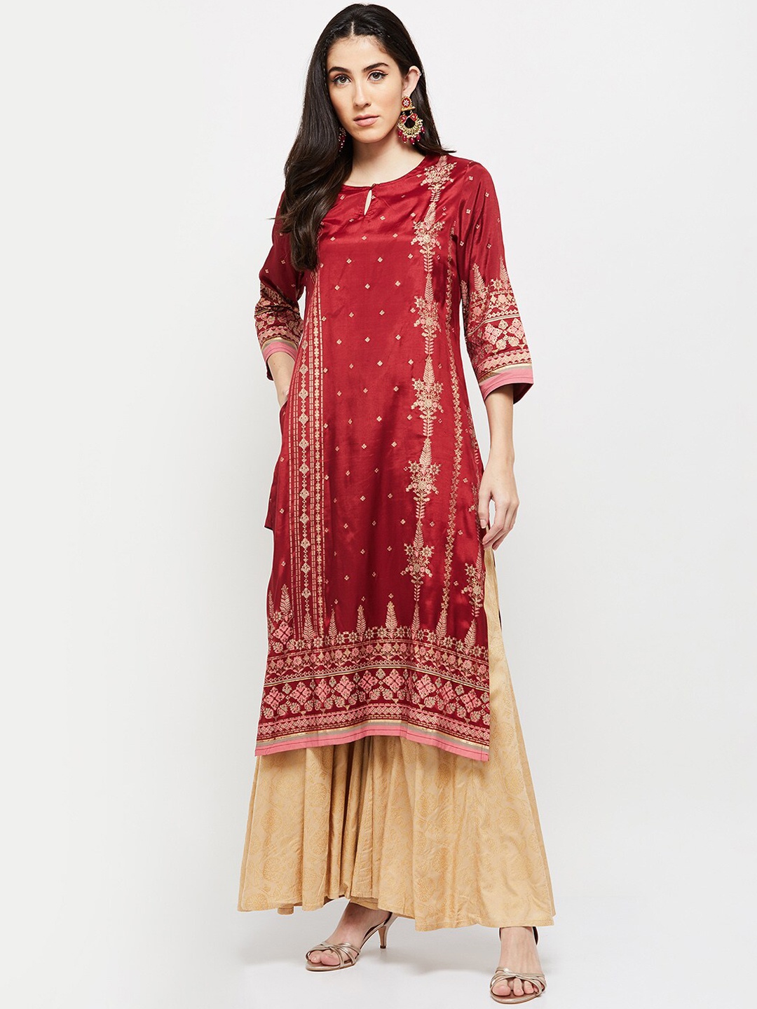 

max Women Red Ethnic Motifs Printed Keyhole Neck Kurta