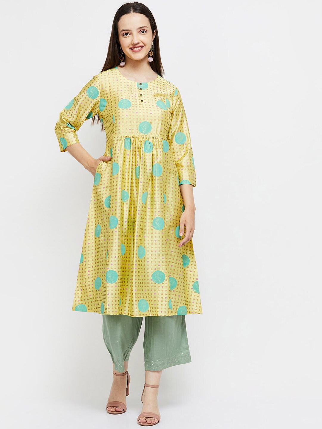 

max Women Yellow Geometric Printed Viscose Rayon Anarkali Kurta
