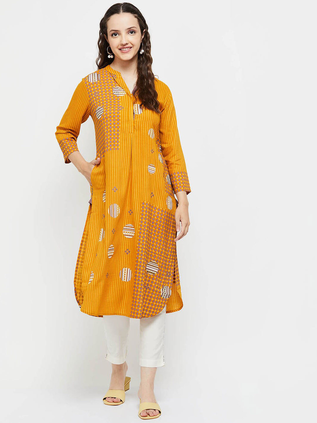 

max Women Mustard Yellow Geometric Printed Kurta