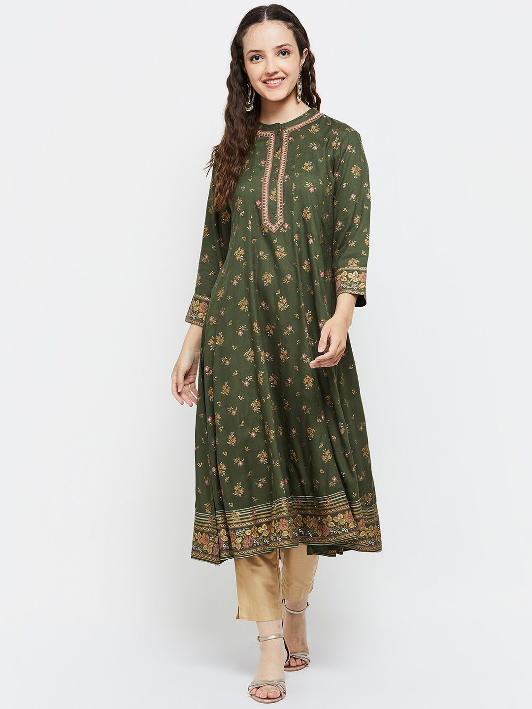 

max Women Green Floral Printed Thread Work Anarkali Kurta