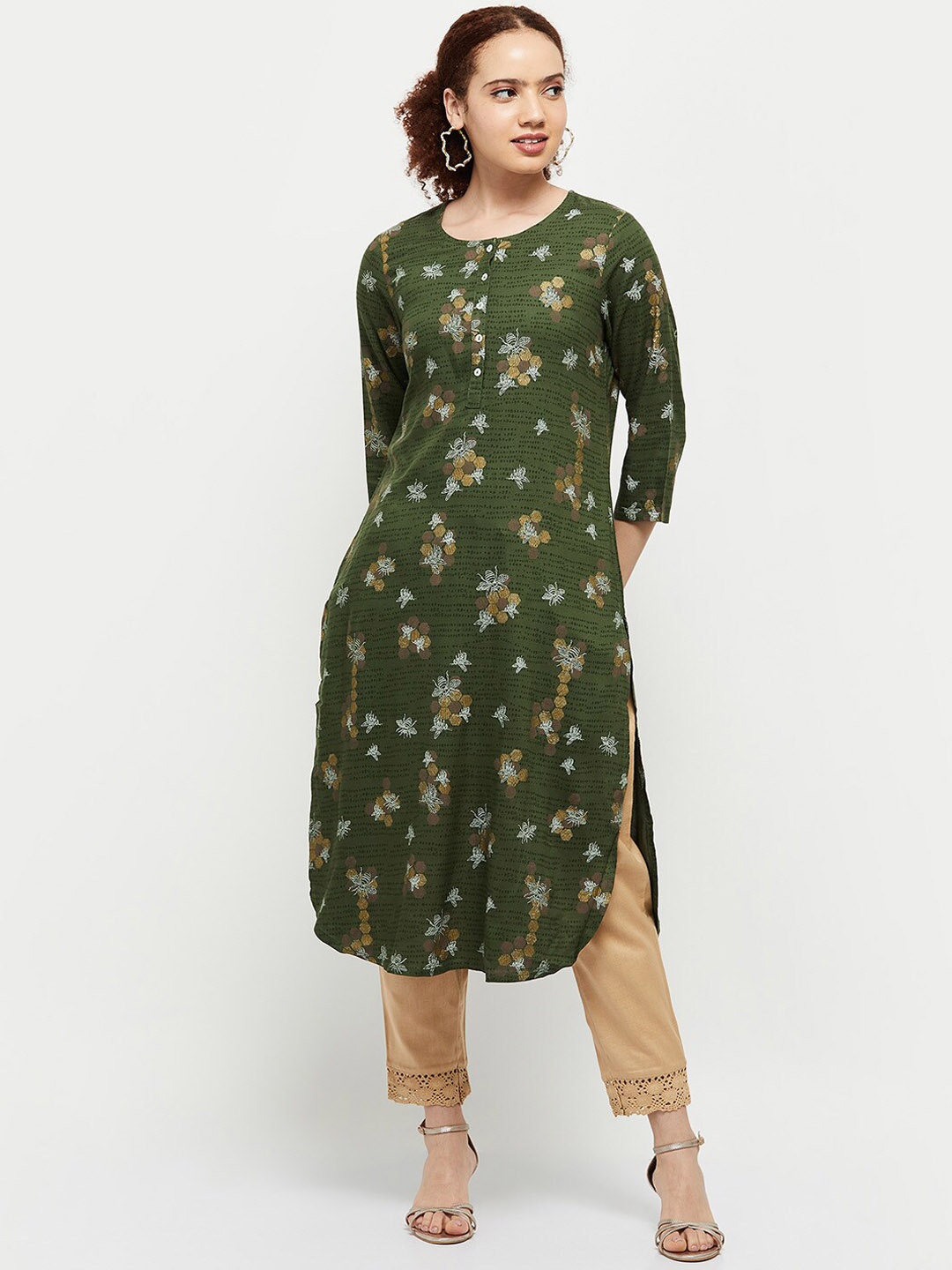 

max Women Olive Green & Beige Floral Printed Kurta