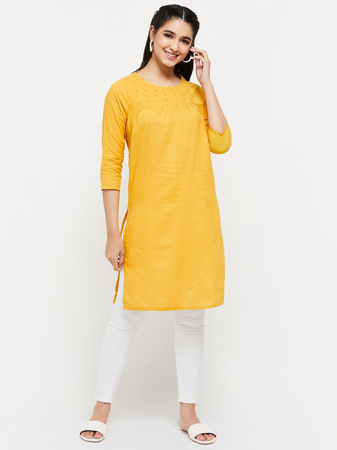 

max Women Mustard Yellow Thread Work Kurta