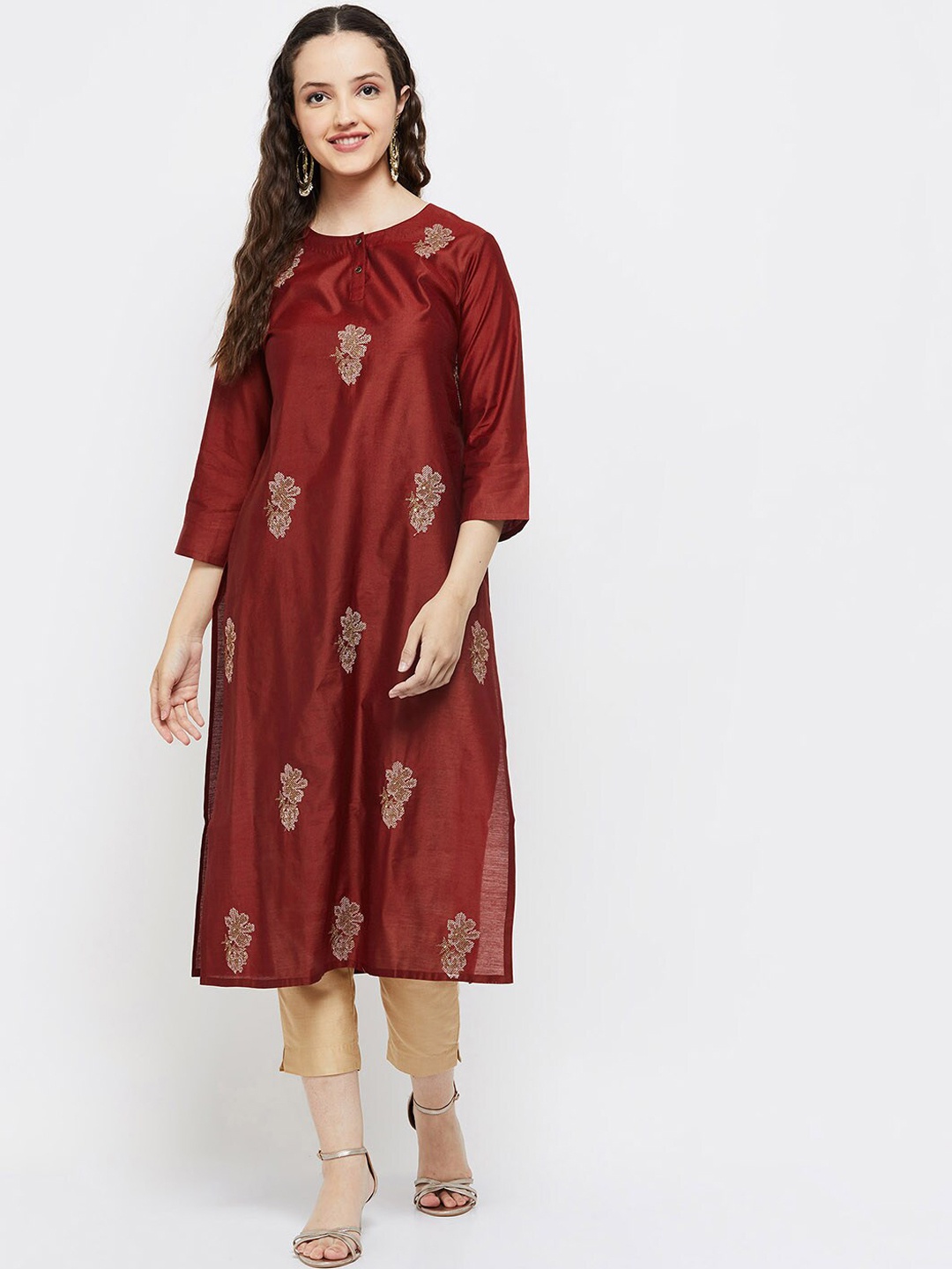 

max Women Red Floral Embroidered Straight Kurta