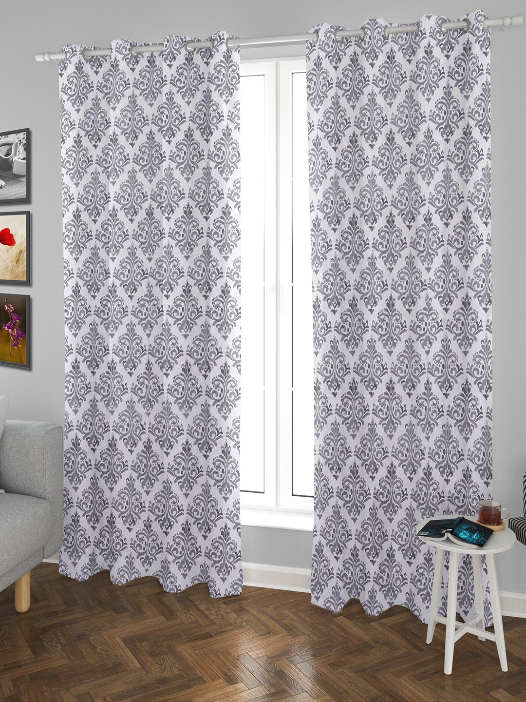 

HOMEMONDE Grey & White Set of 2 Floral Cotton Door Curtain
