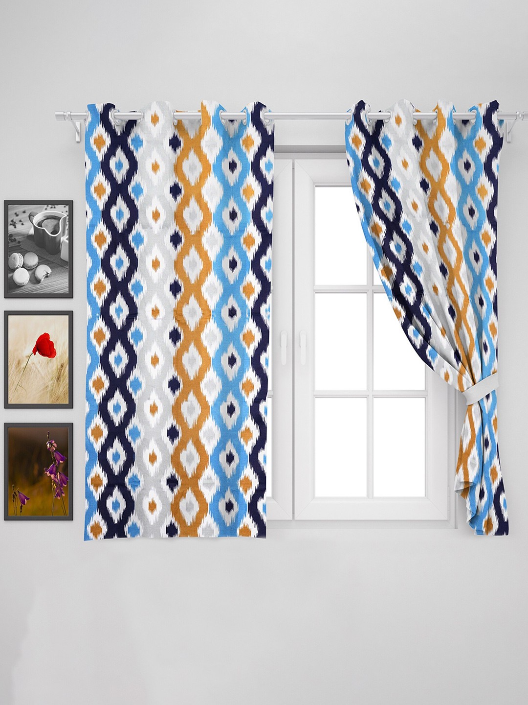 

HOMEMONDE White & Blue Set of 2 Geometric Cotton Window Curtain
