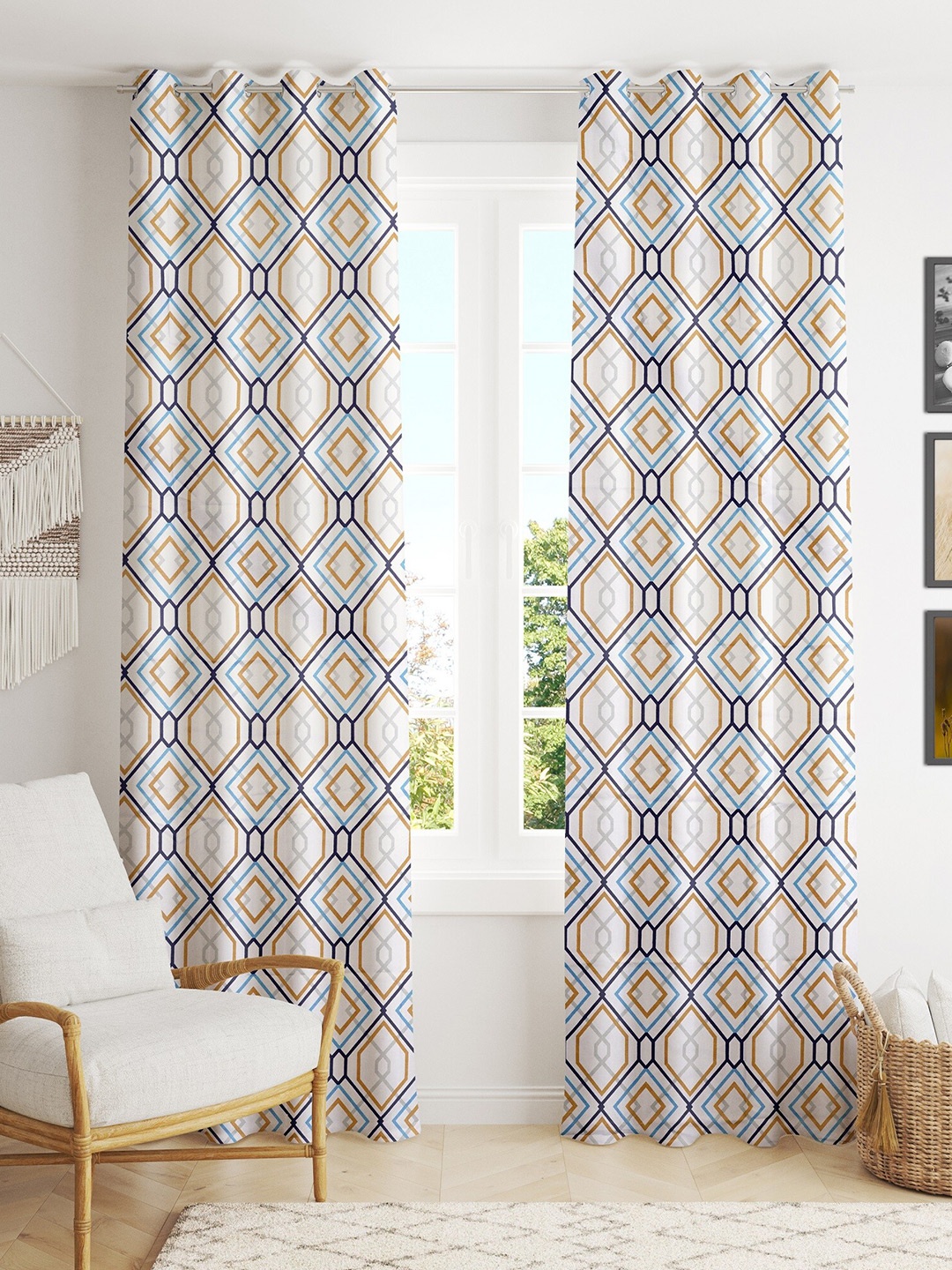 

HOMEMONDE Off White & Blue Set of 2 Geometric Cotton Door Curtain