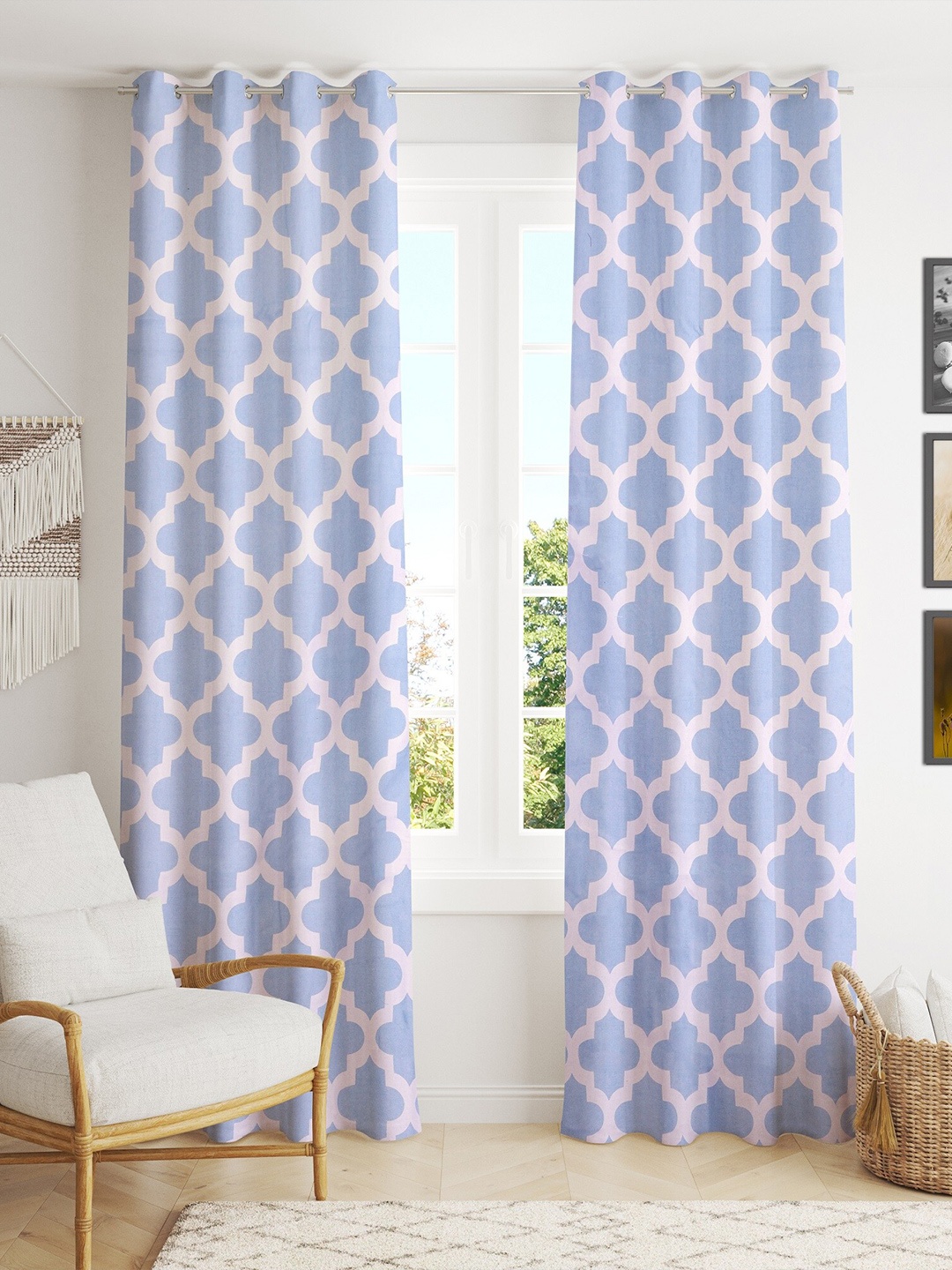 

HOMEMONDE Cotton Geometric Door Curtain, Blue