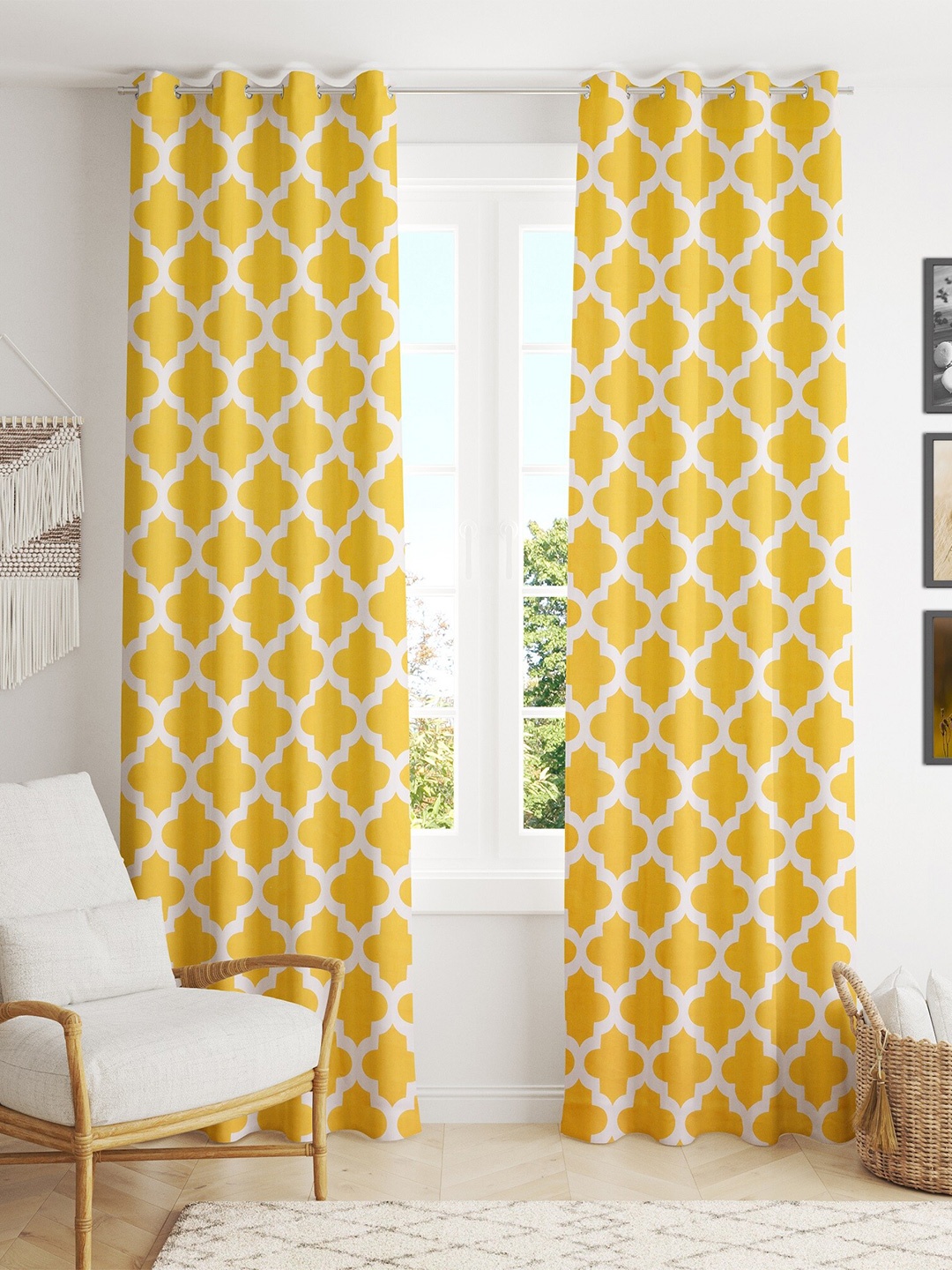 

HOMEMONDE Cotton Geometric Door Curtain, Yellow