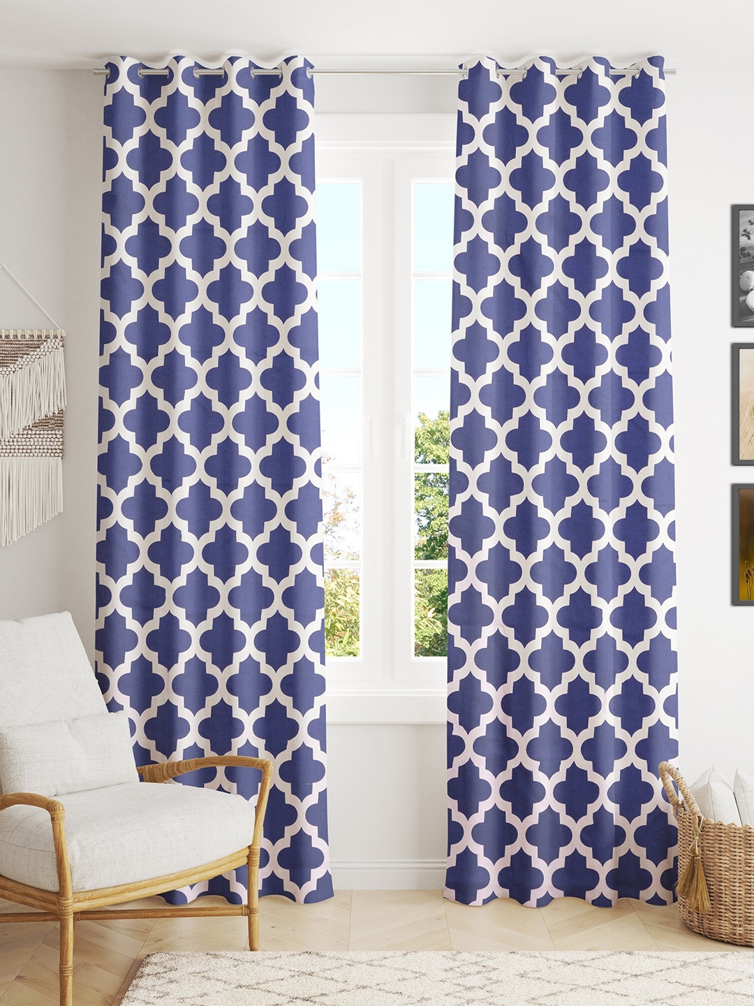 

HOMEMONDE Cotton Geometric Door Curtain, Blue