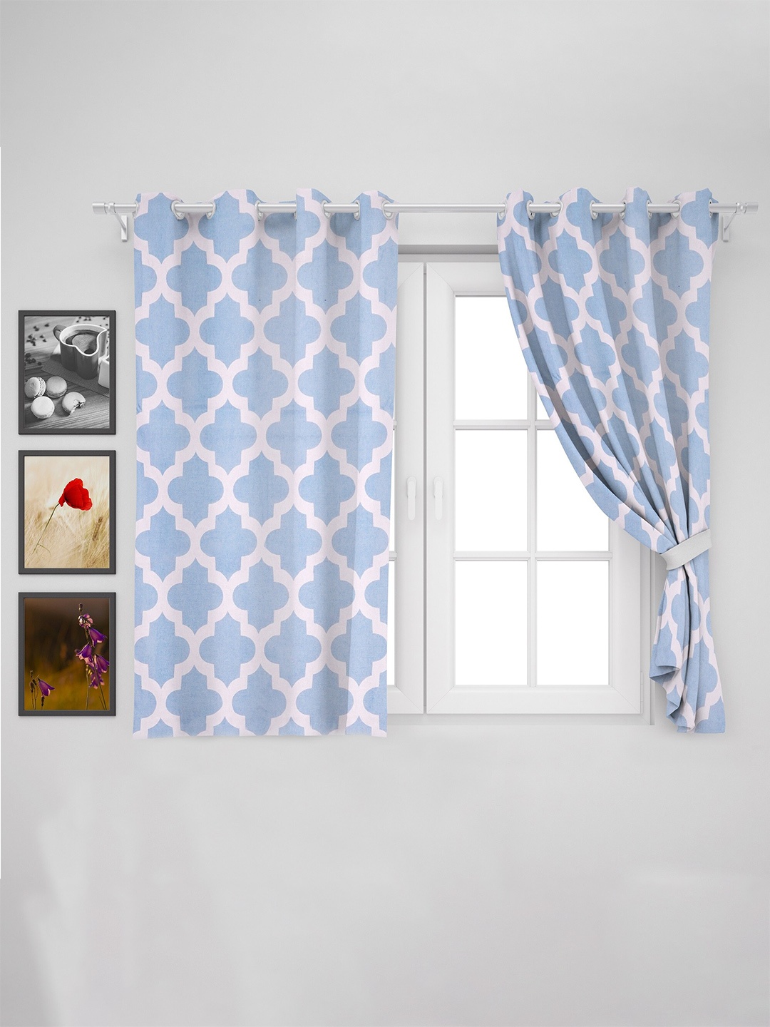

HOMEMONDE Cotton Geometric Window Curtain, Blue