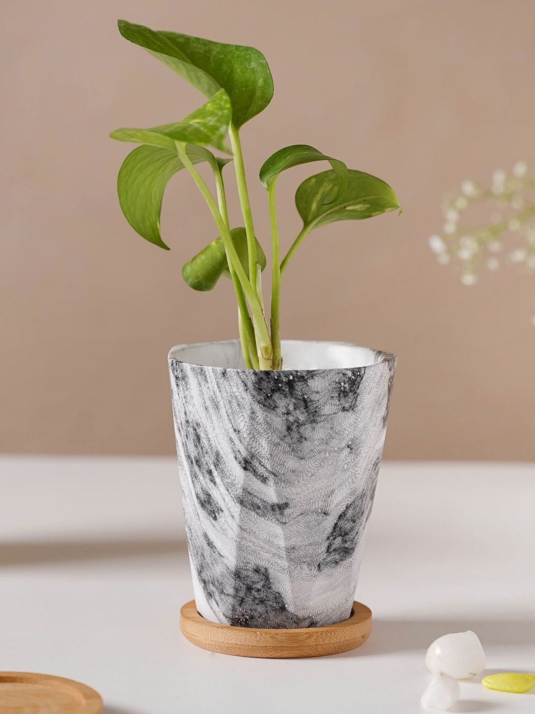 

Nestasia Grey Textured Planters With Wooden Coaster