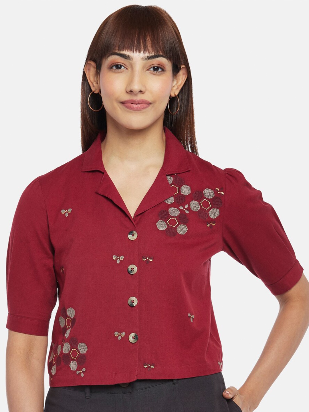 

AKKRITI BY PANTALOONS Floral Print Shirt Style Top, Maroon