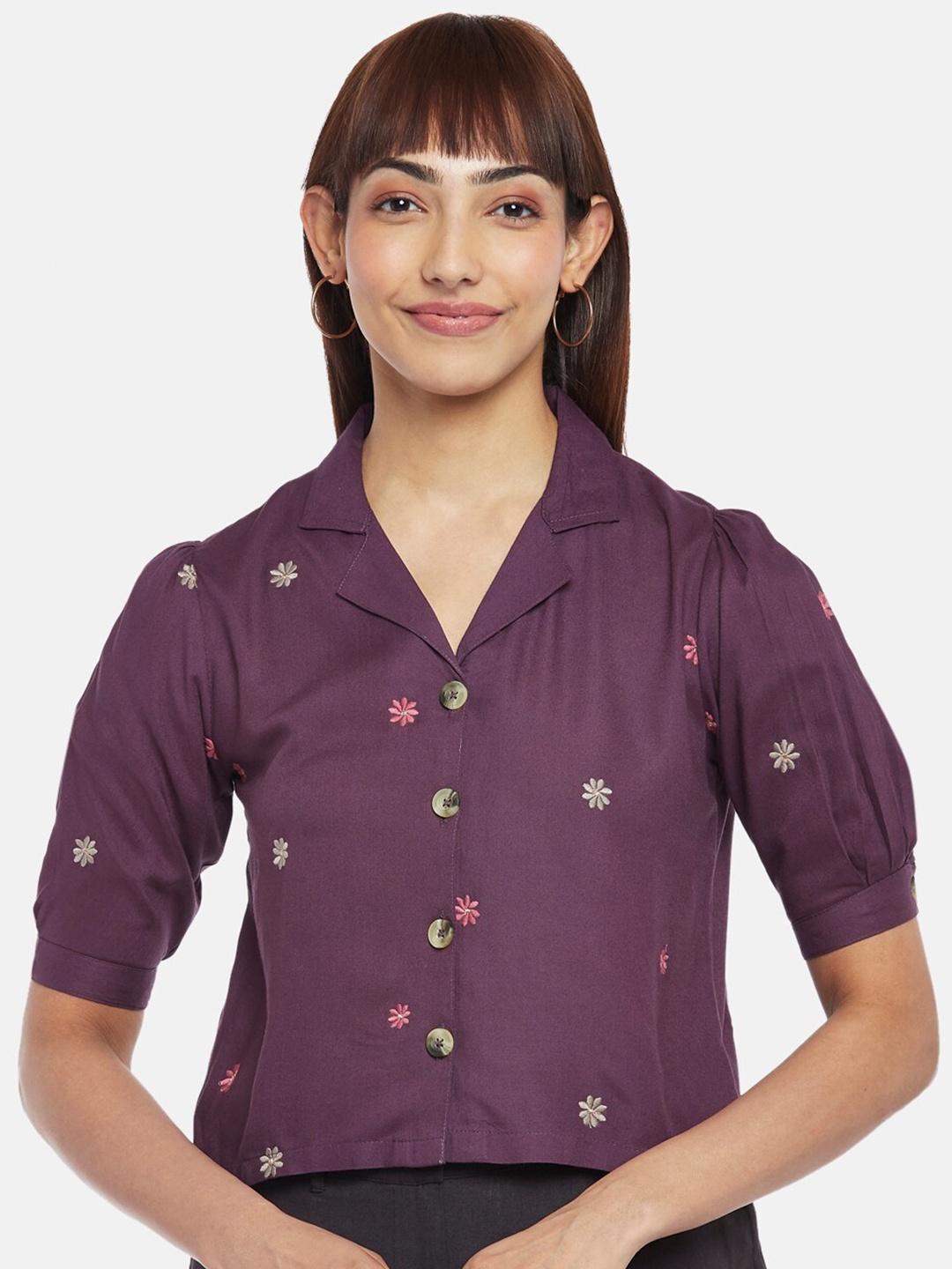 

AKKRITI BY PANTALOONS Floral Print Shirt Style Crop Top, Purple