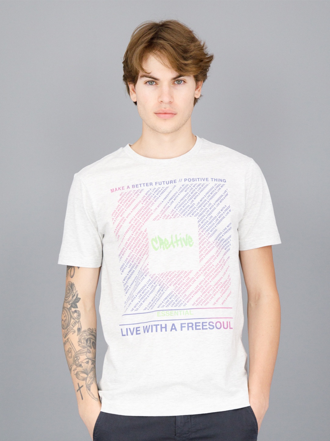 

FREESOUL Men Typography Printed Cotton T-shirt, Off white