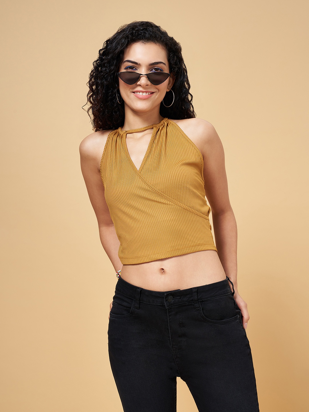 

People Keyhole Neck Wrap Top, Yellow