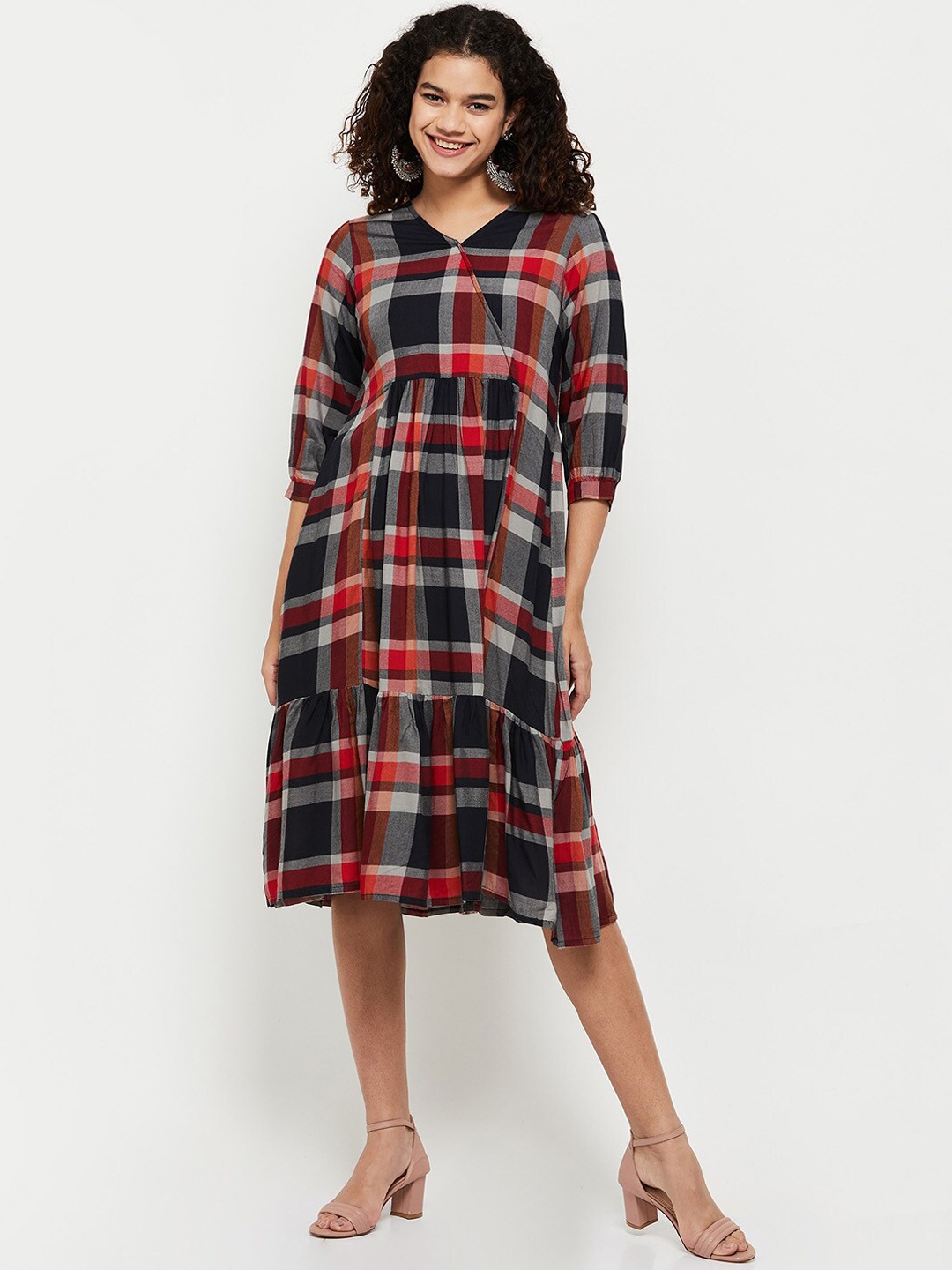 

max Checked Pure Cotton V-Neck Midi Wrap Dress, Black