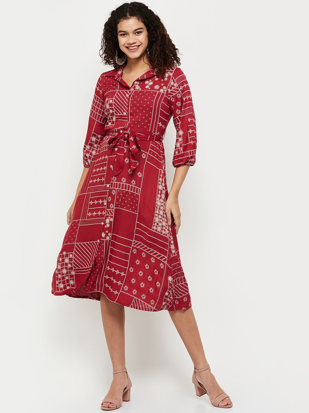 

max Women Maroon Printed A-line Midi Dress