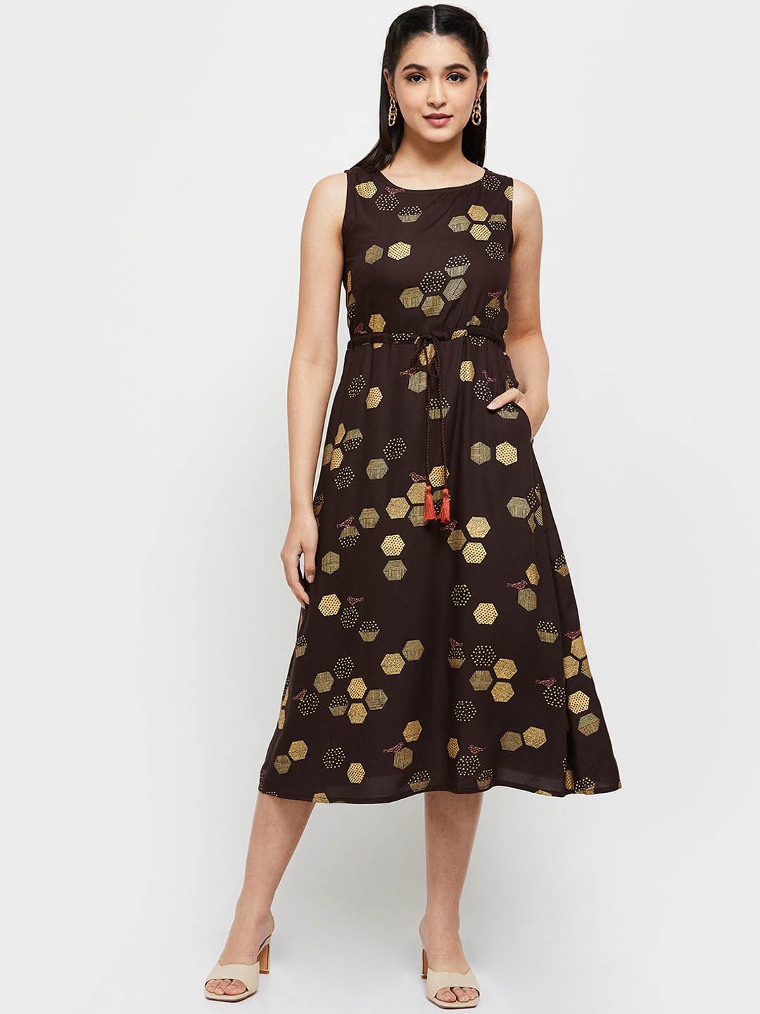 

max Women Brown Printed Pure Rayon Ethnic Dresses