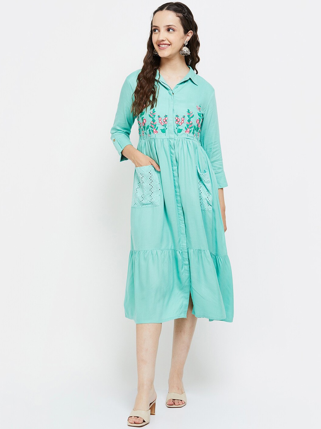 

max Women Embroidered Pure Cotton Ethnic Dress, Green