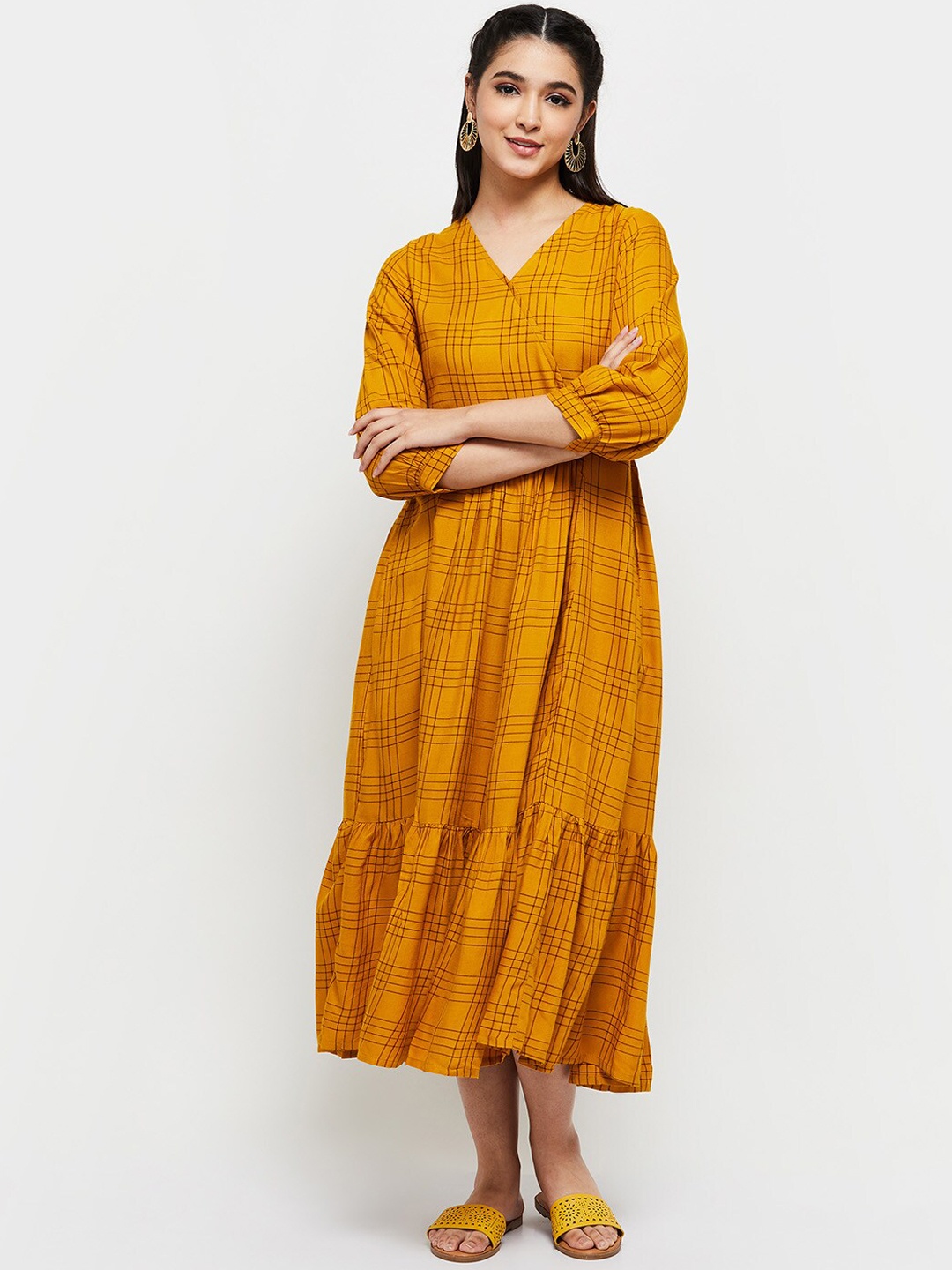 

max Women Checked Fit & Flare Cotton Ethnic Dress, Mustard