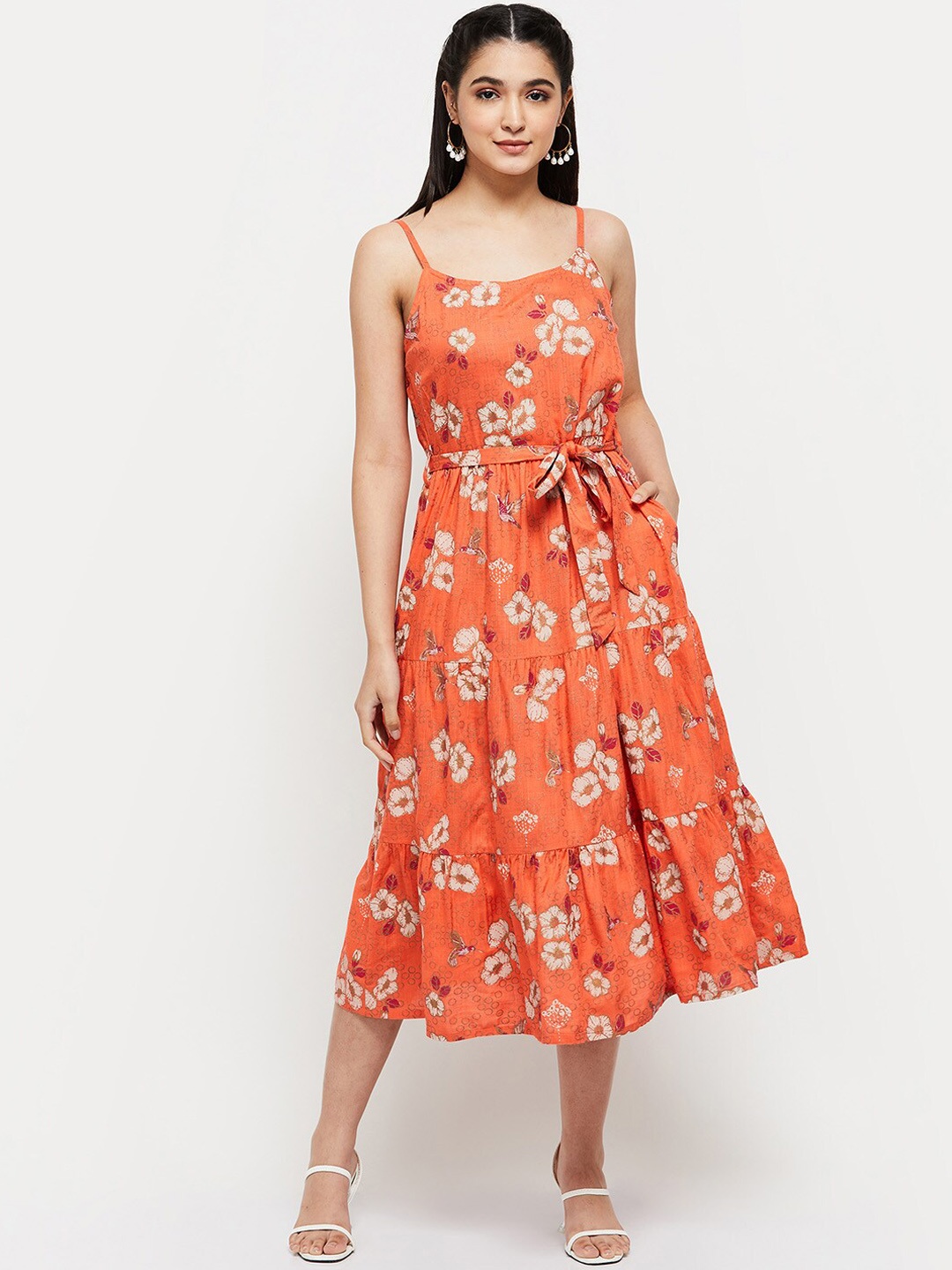 

max Women Floral Print Fit & Flared Ethnic Dresses, Orange