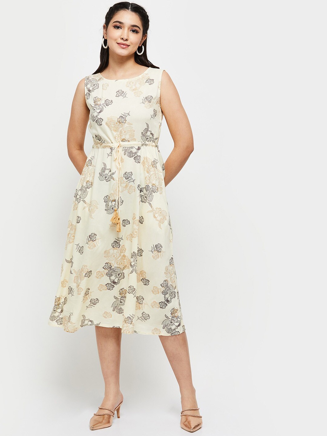 

max Women Printed Pure Rayon Ethnic Dresses, Off white