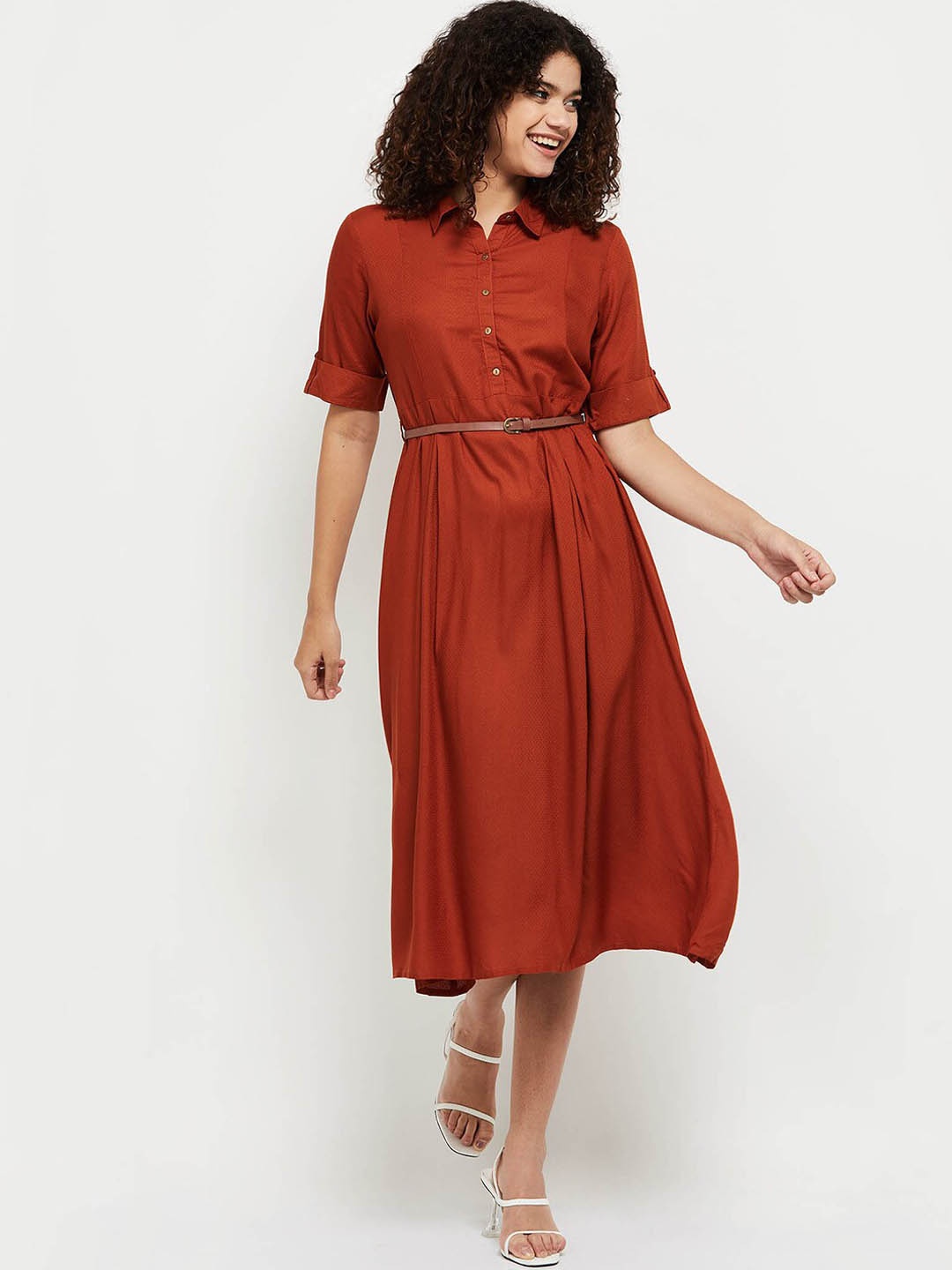 

max Women Coloured Solid Fit & Flare Ethnic Dress, Rust