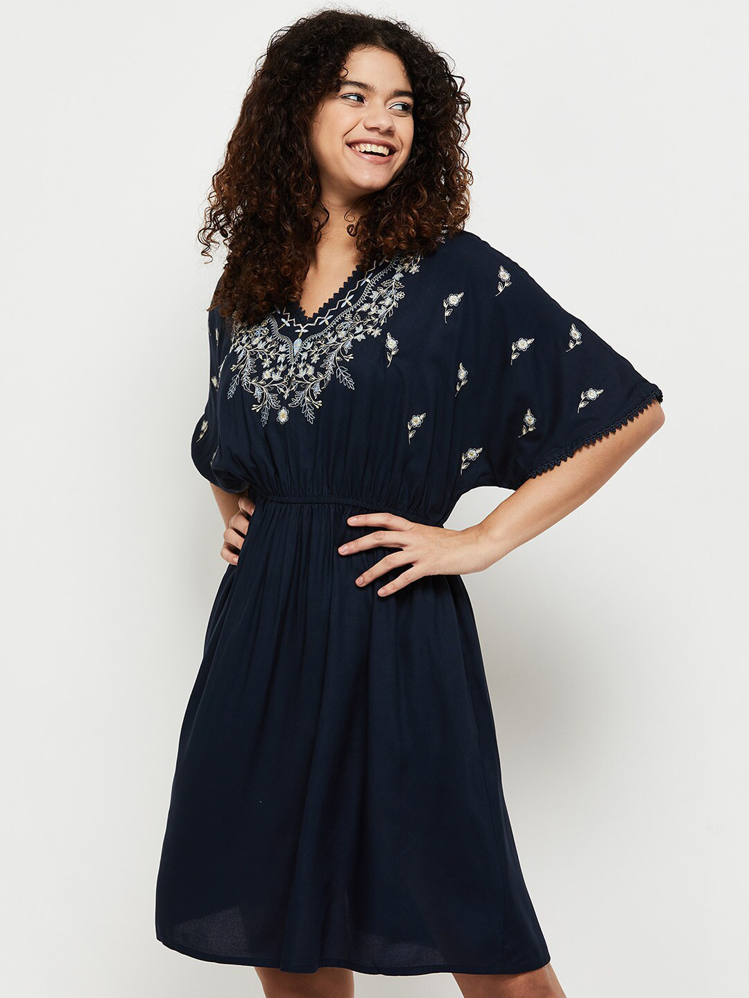 

max Women Embroidered Knee-Length Ethnic Dress, Navy blue