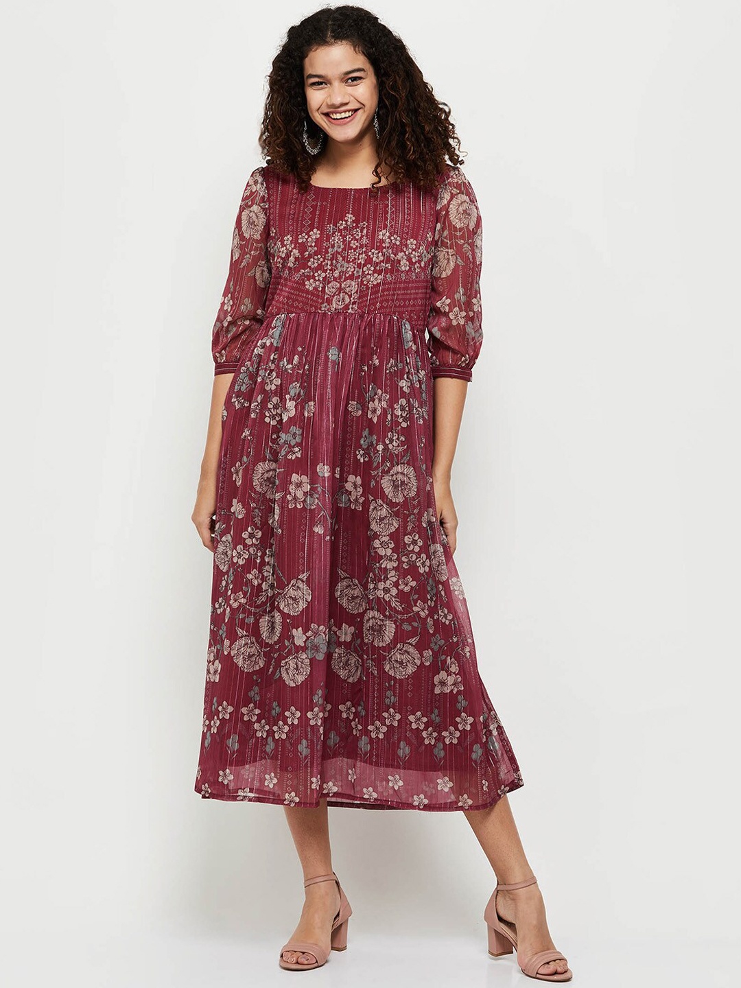 

max Women Floral Print Puff Sleeves Ethnic Dresses, Pink