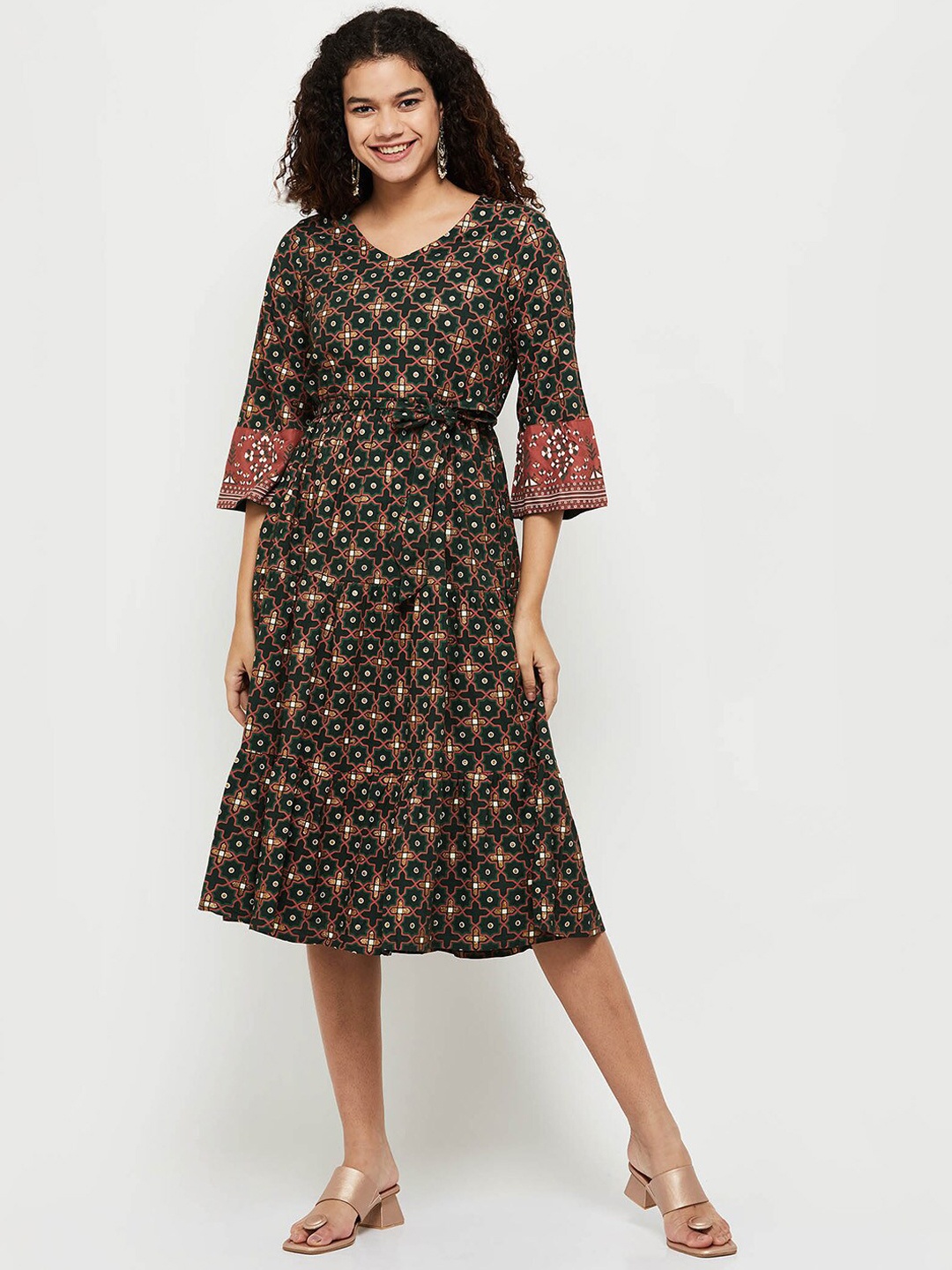 

max Women Printed Midi-Length Ethnic Dress, Green