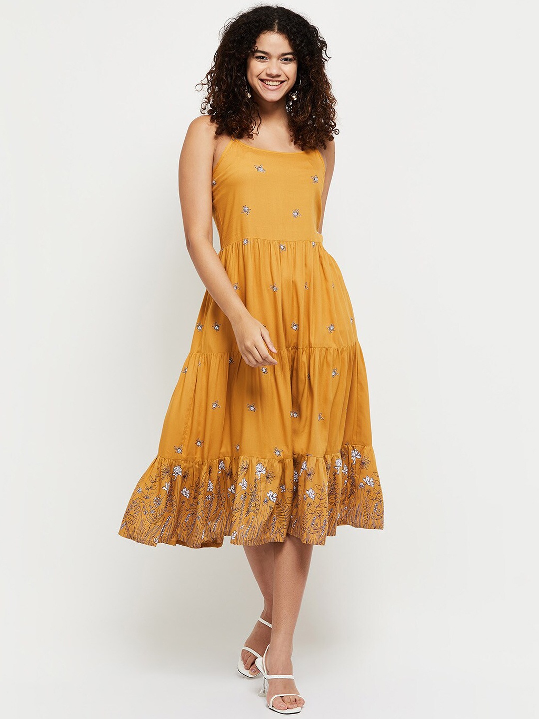 

max Women Printed Midi Flared Dress, Mustard