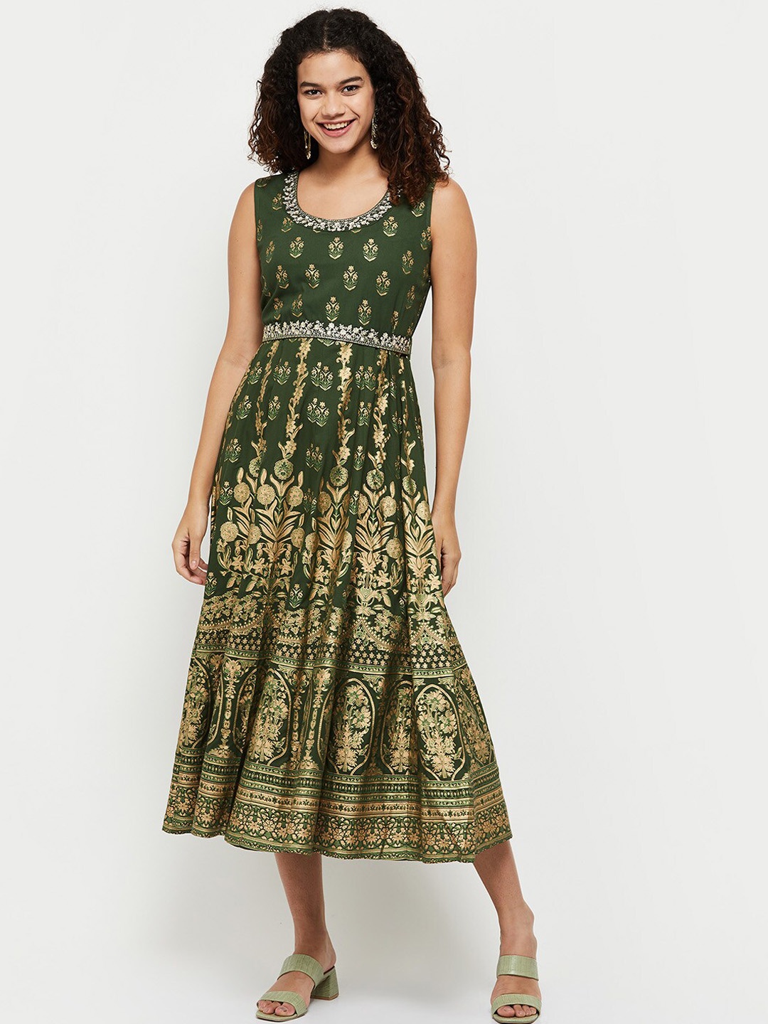 

max Women Printed Fit & Flare Midi Dress, Green