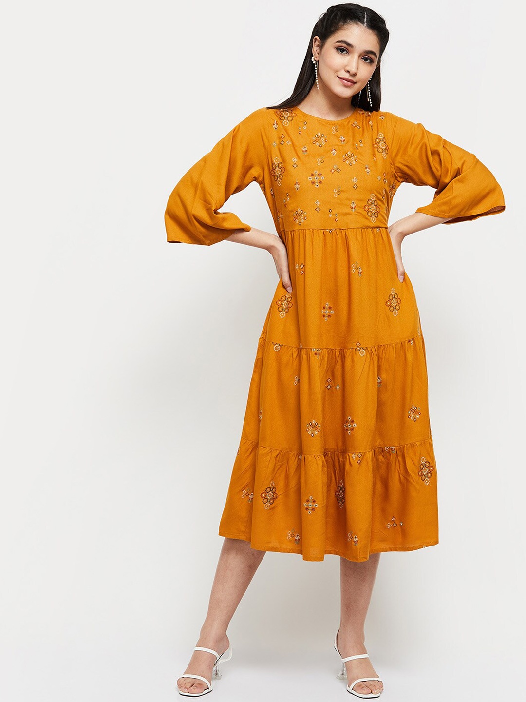 

max Women Mustard-Yellow Embroidered A-Line Midi Dress